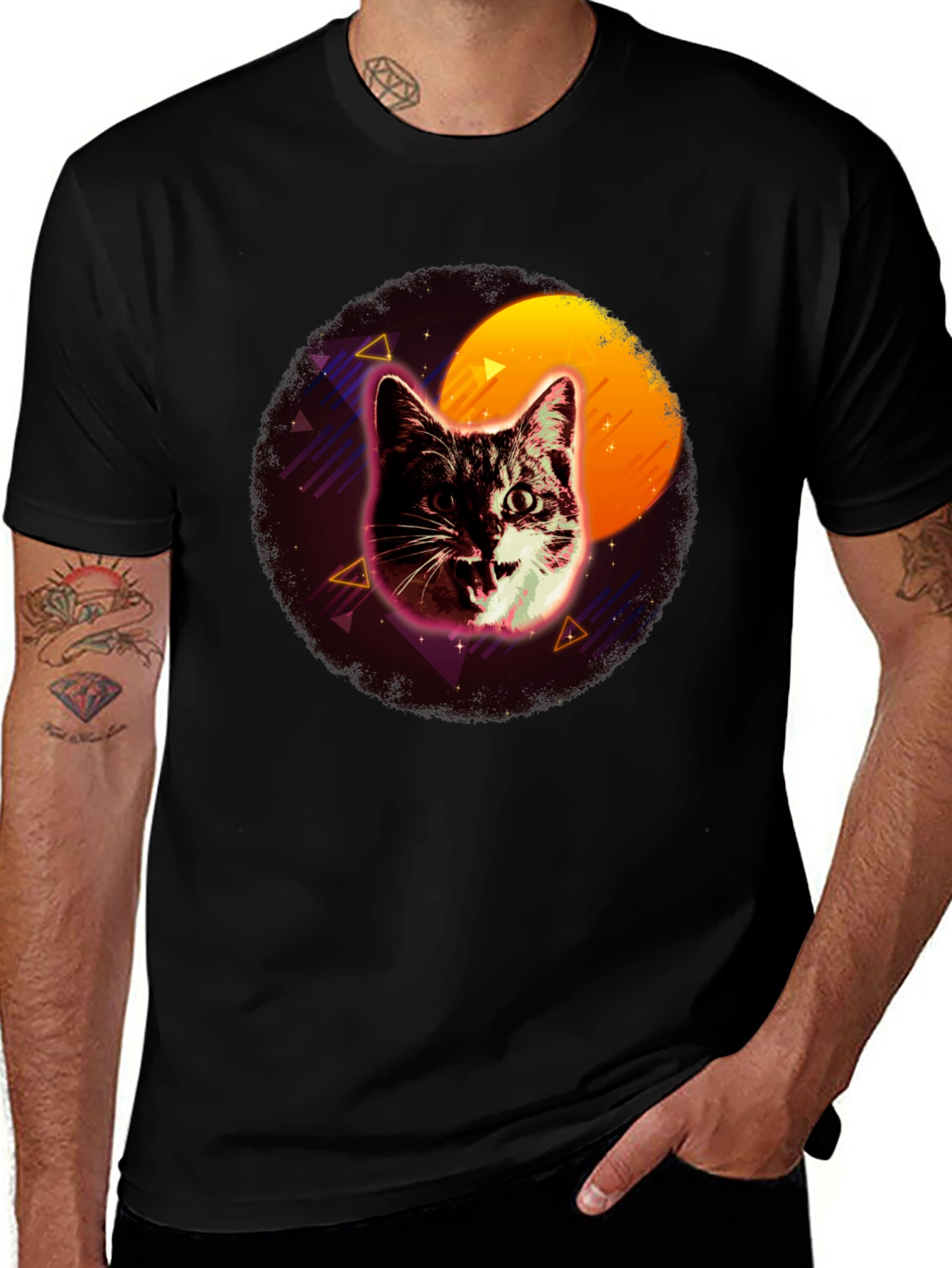 Variant 22 of Retro Cat Graphic Tee - Men's Black T-Shirt
