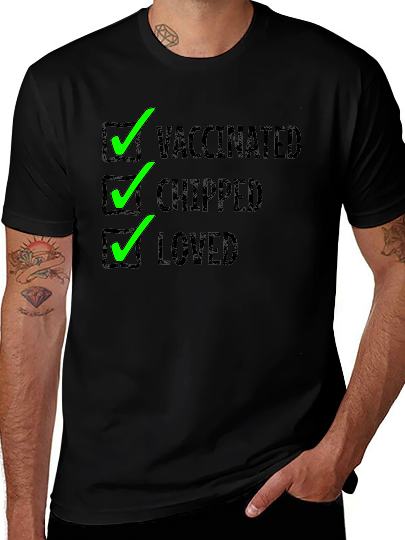 Variant 6 of Vaccinated, Chipped, Loved Black Graphic Tee