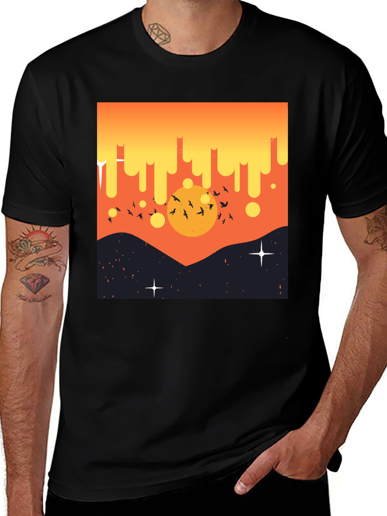 Black Sunset Birds Graphic Tee - Men's Black T-Shirt main image