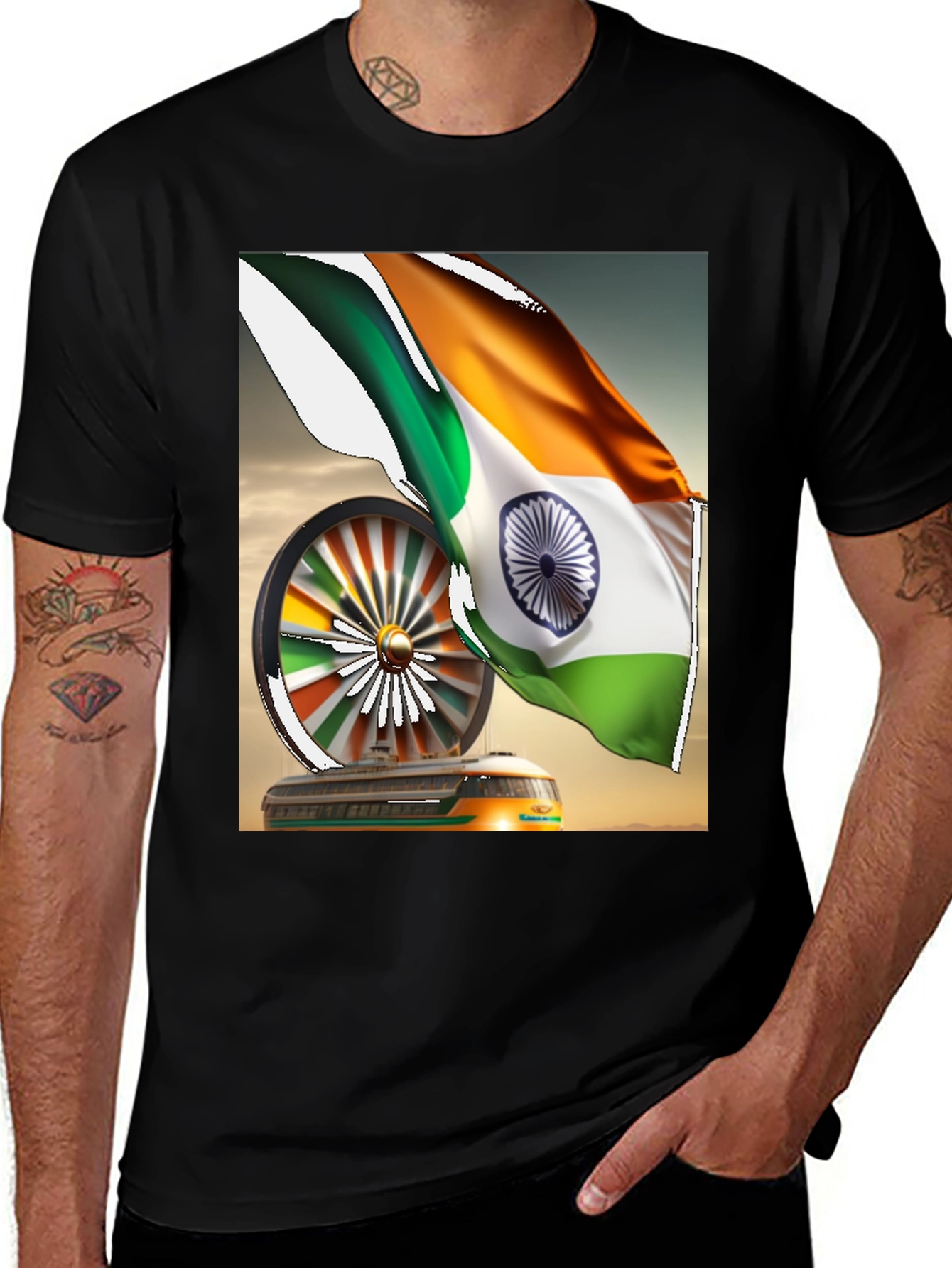 Indian Flag Graphic Tee - Black Cotton
