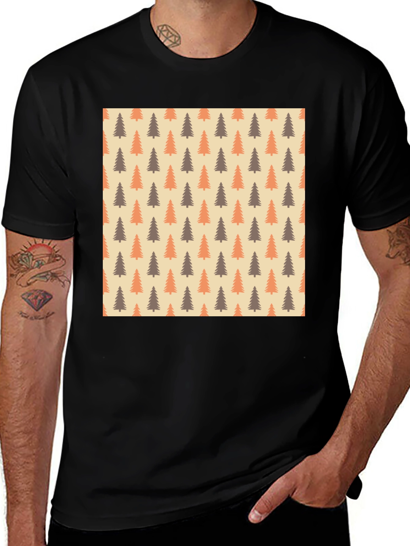 Black Retro Pine Tree Pattern Tee main image