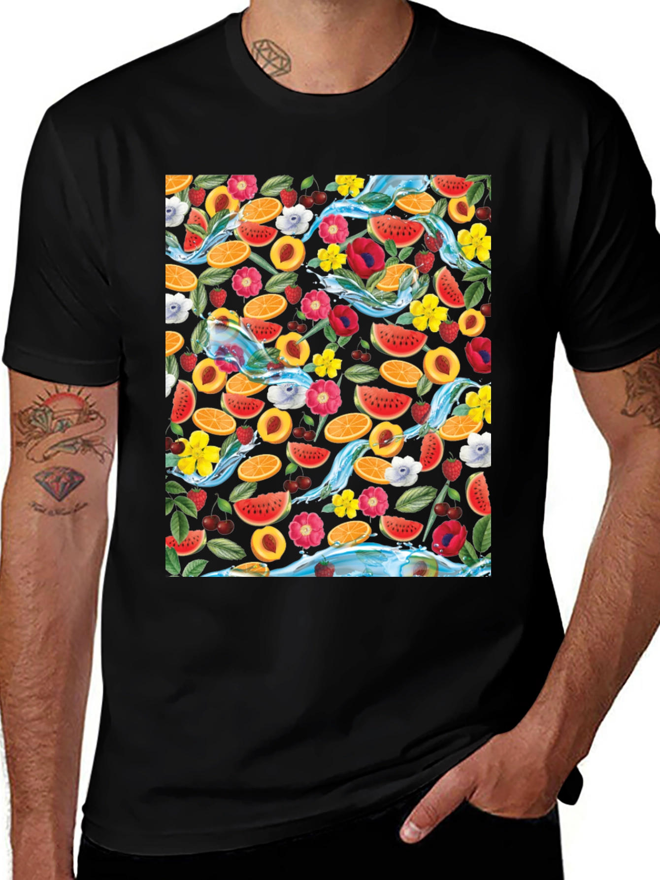 Variant 4 of Fruit & Floral Print Black T-Shirt