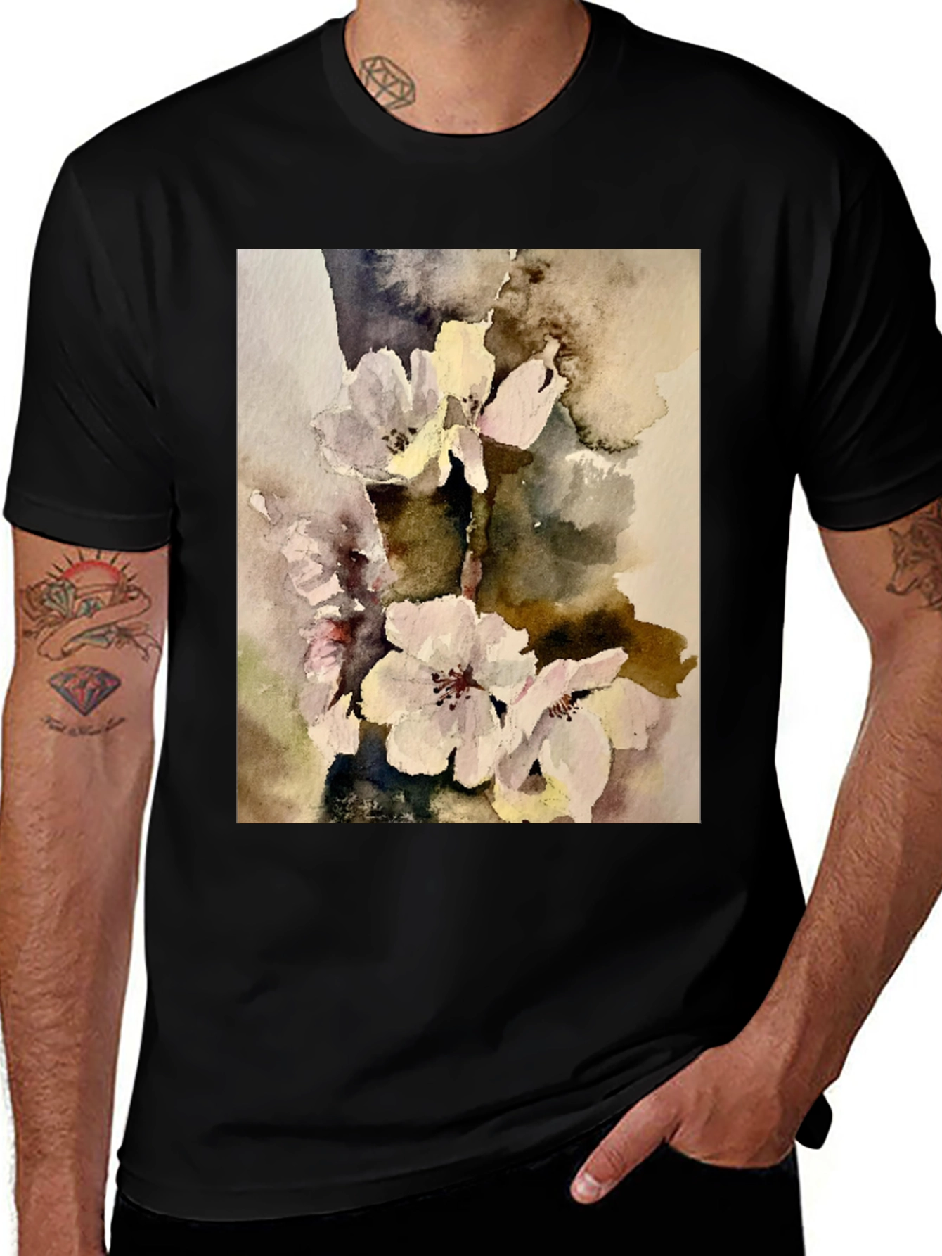 Black Floral Watercolor Print T-Shirt main image