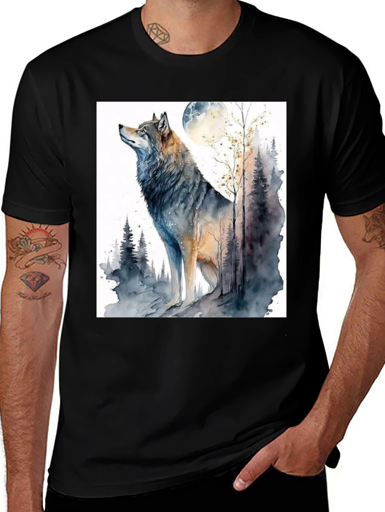 Variant 16 of Wolf Watercolor T-Shirt - Majestic Lunar Forest