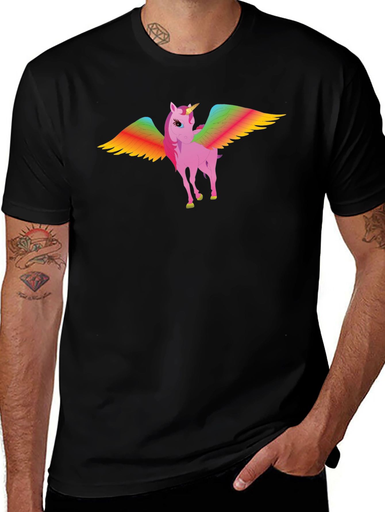 Variant 2 of Rainbow Winged Unicorn Graphic Tee - Black Cotton T-Shirt