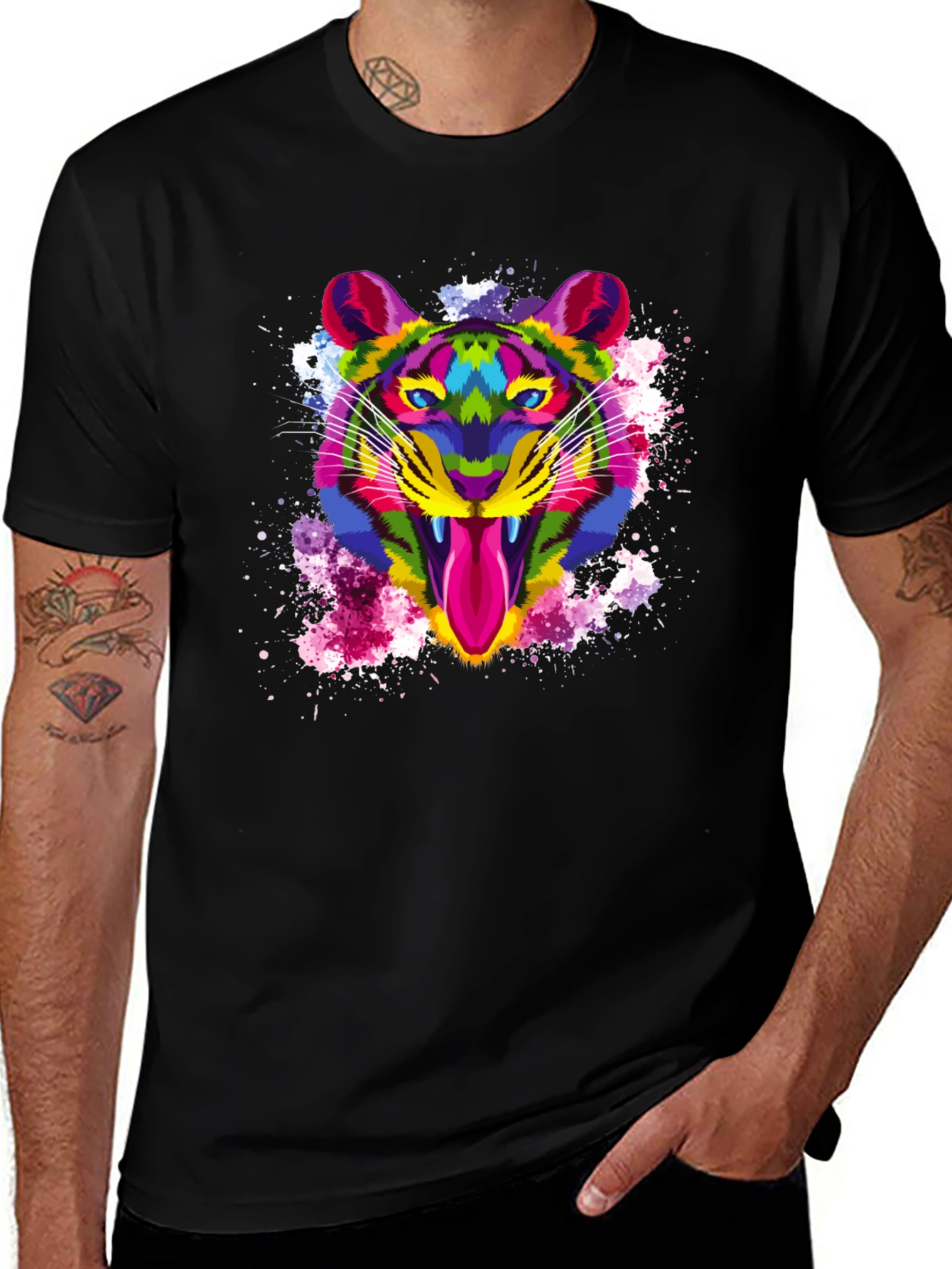 Variant 27 of Colorful Tiger Graphic Print Men's Black T-Shirt