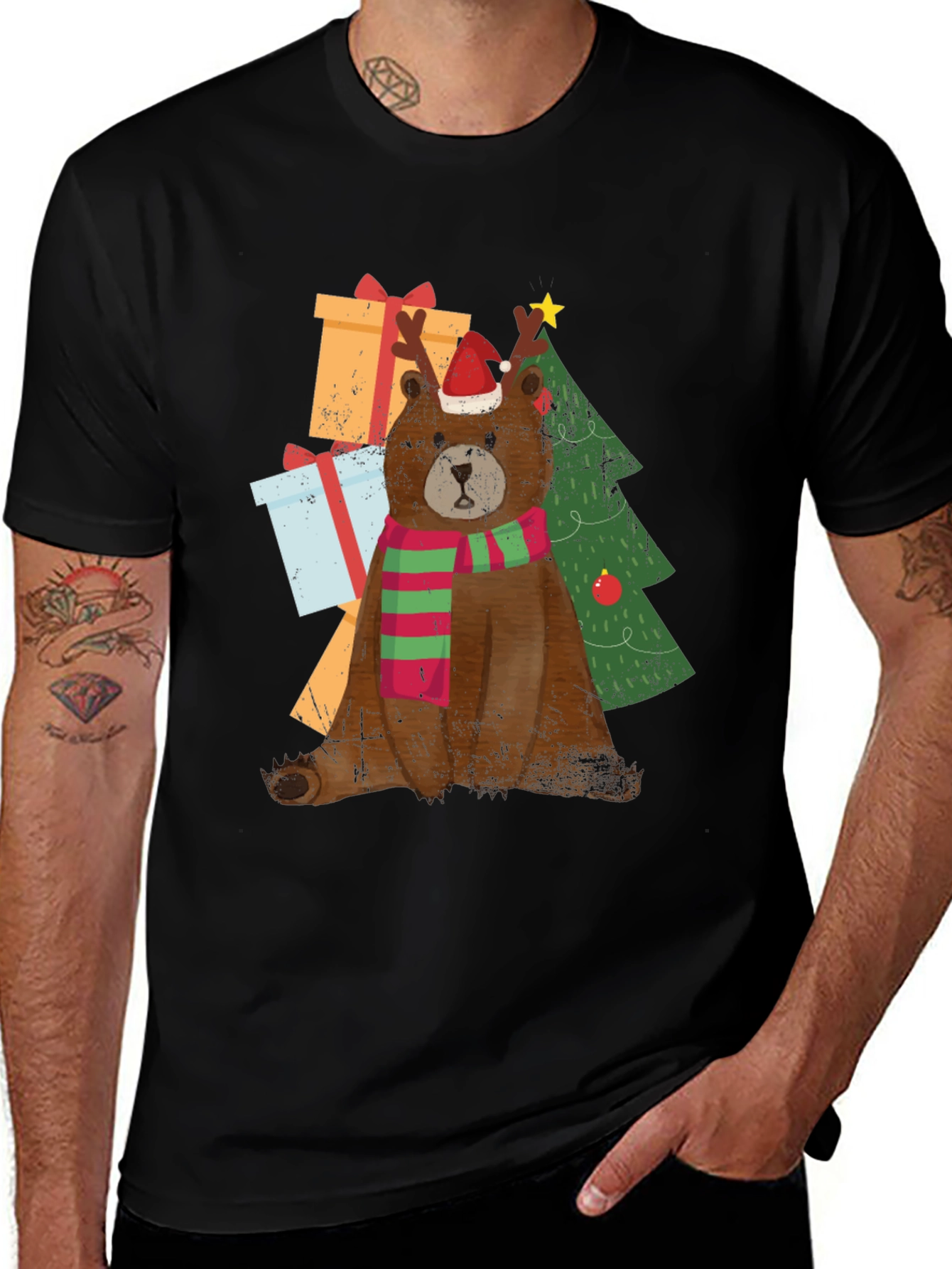 Christmas Bear T-Shirt with Scarf & Santa Hat