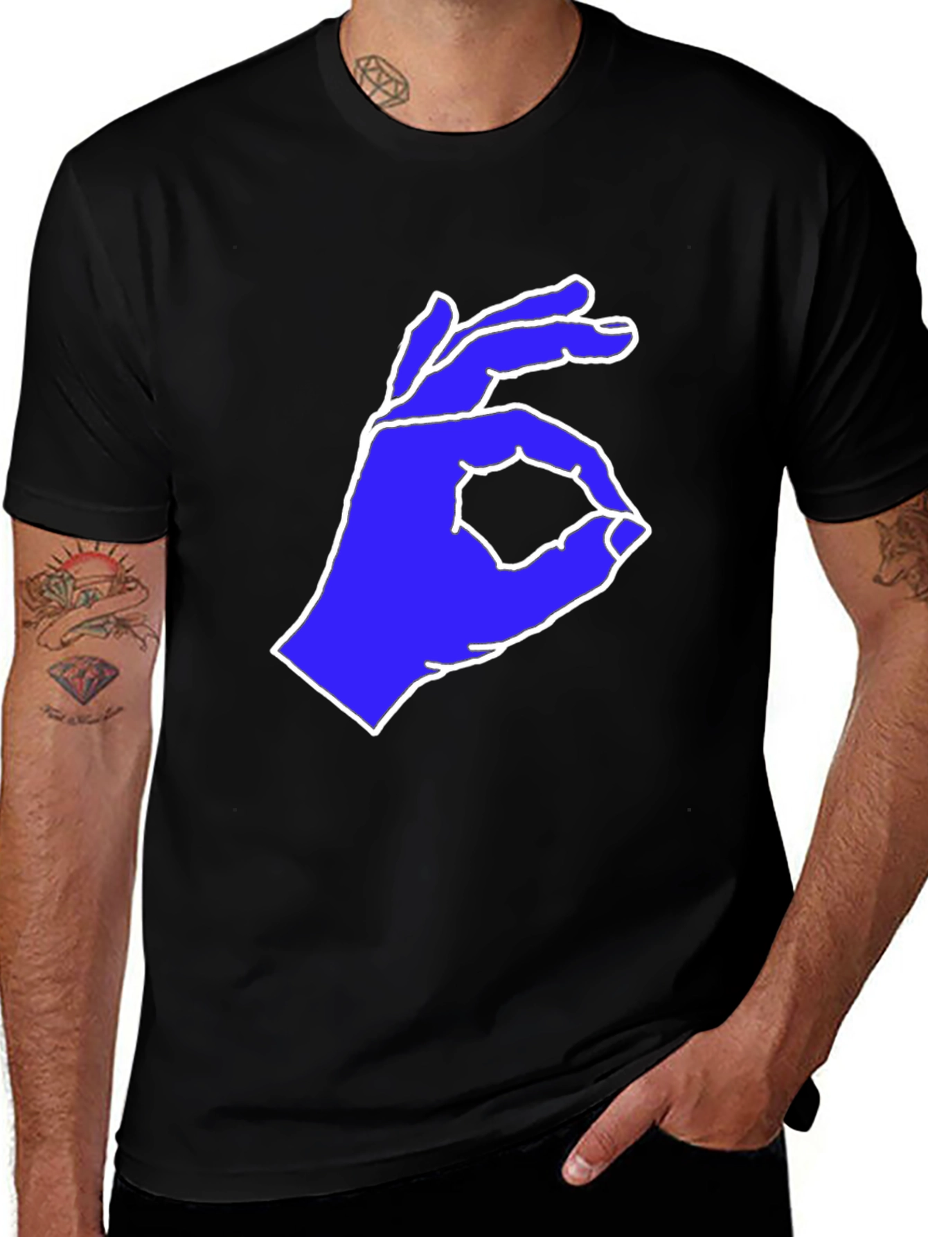 Variant 21 of Black T-Shirt with Blue Hand Gesture Graphic