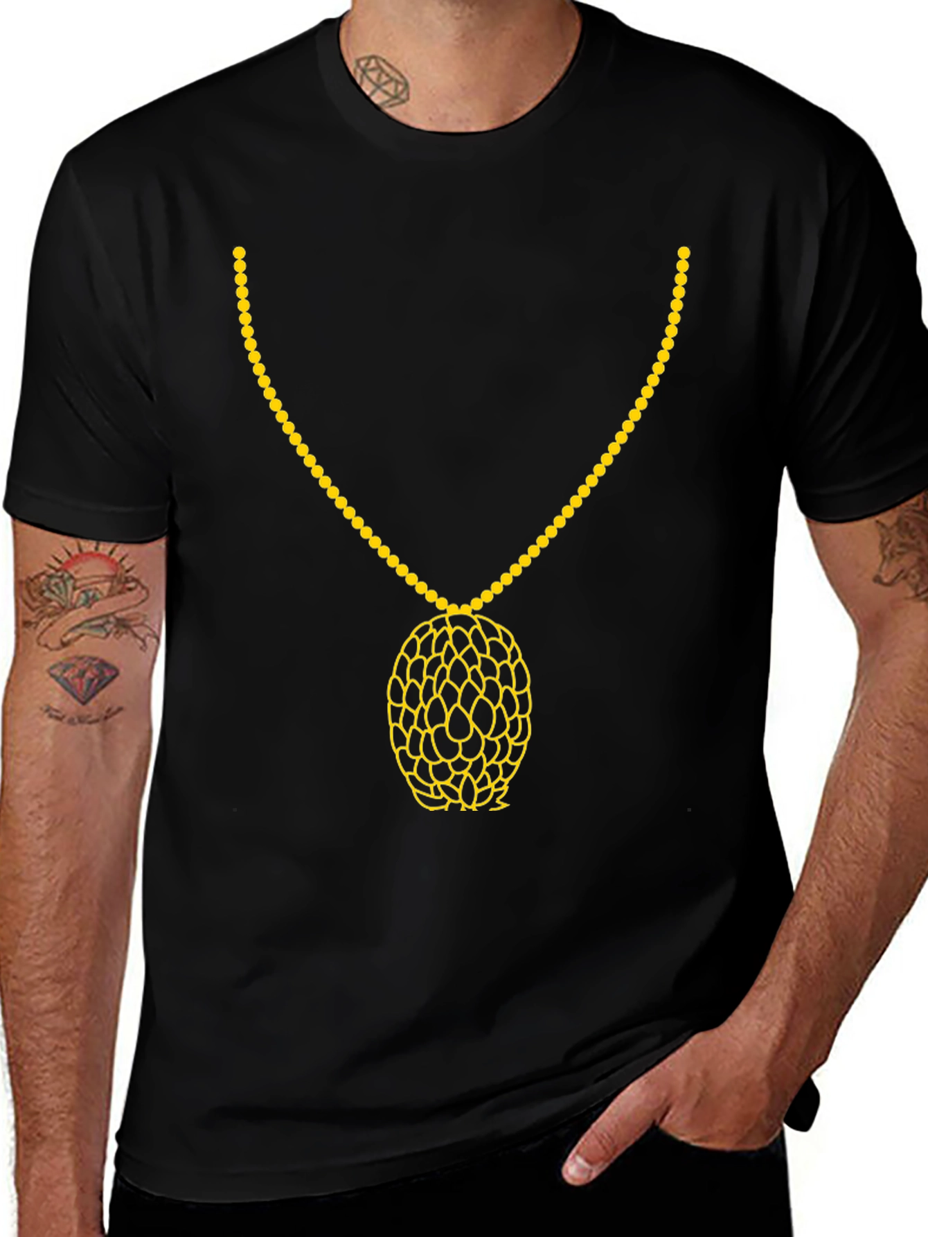 Black T-Shirt with Gold Necklace Print