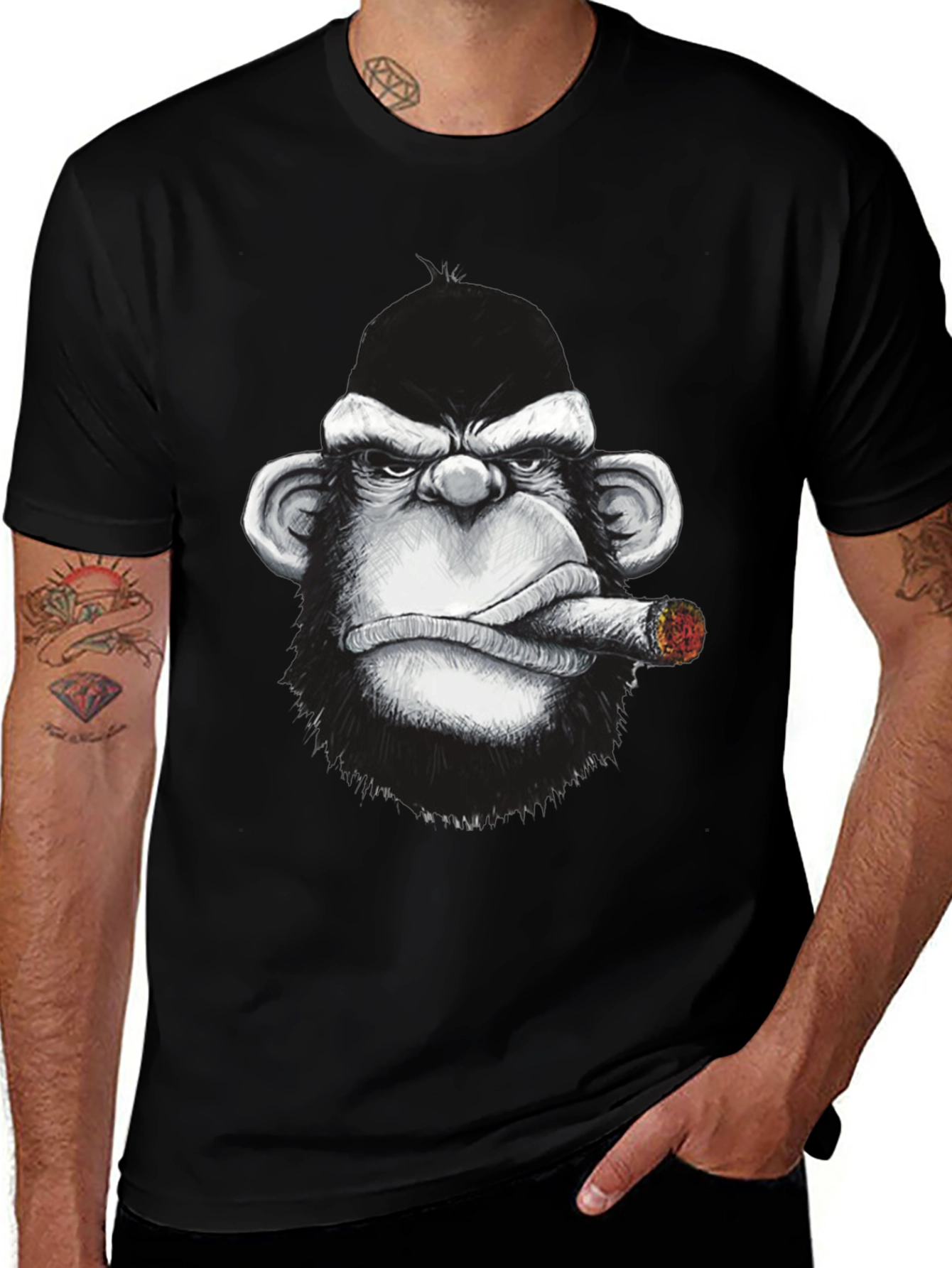Black Cool Monkey Cigar Graphic Tee - Black Cotton main image