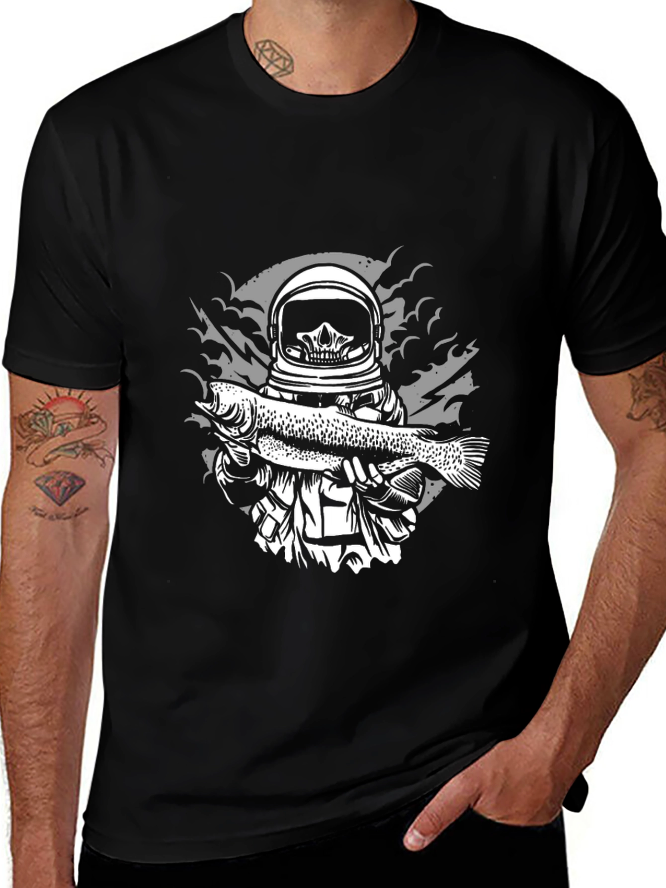Variant 23 of Astronaut Fish Graphic T-Shirt - Black Cotton Tee