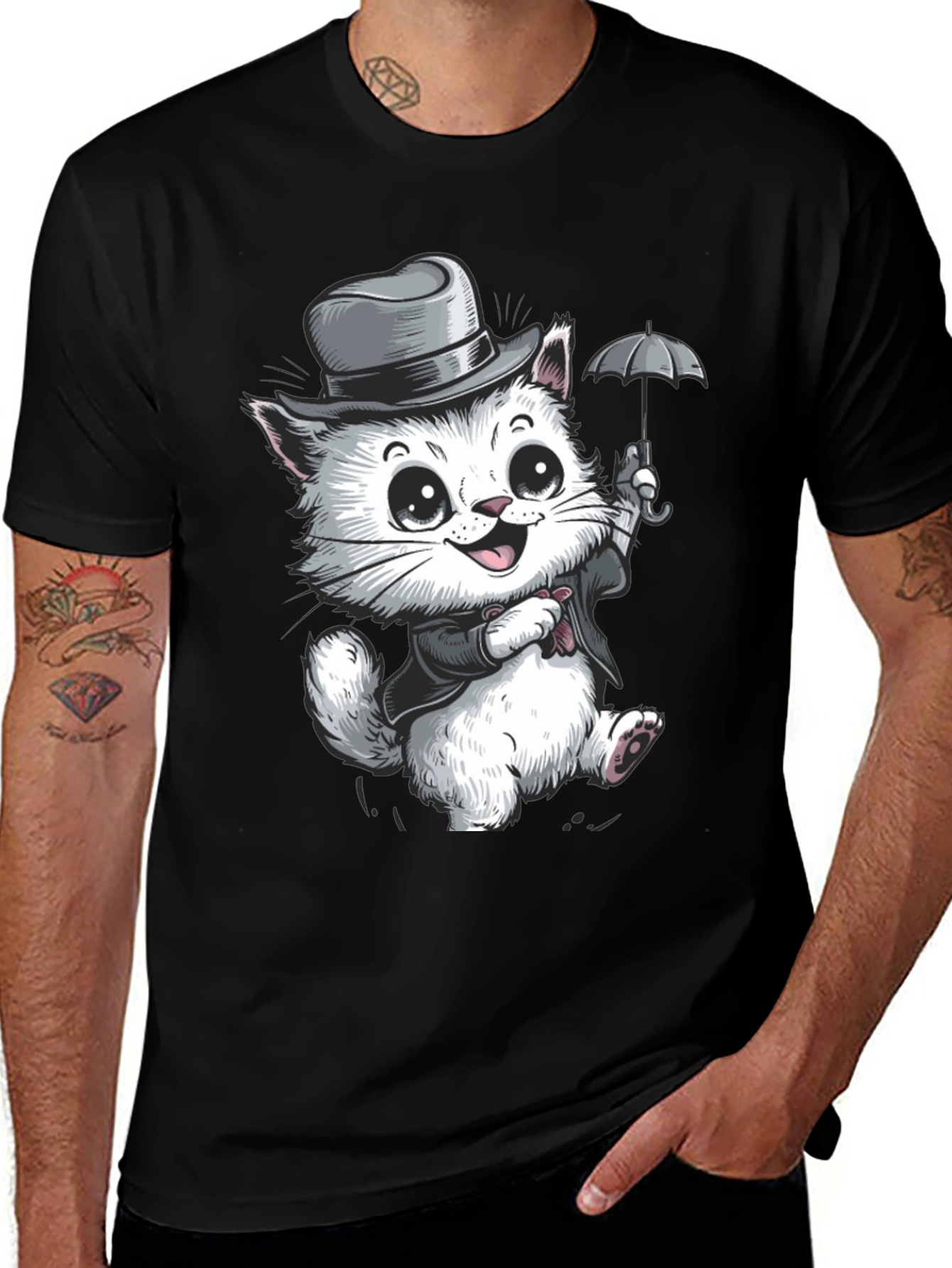 Variant 14 of Dapper Cat T-Shirt - Umbrella & Hat