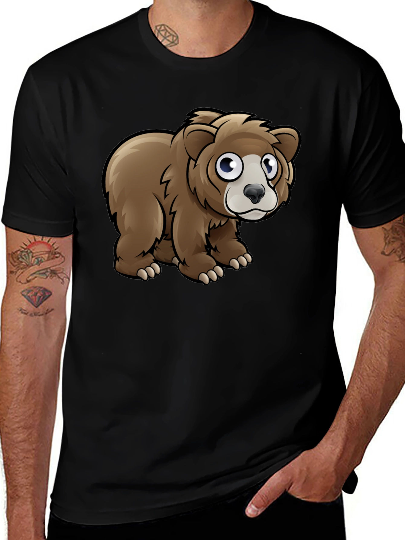 Variant 24 of Cartoon Bear Graphic Tee - Black Cotton T-Shirt