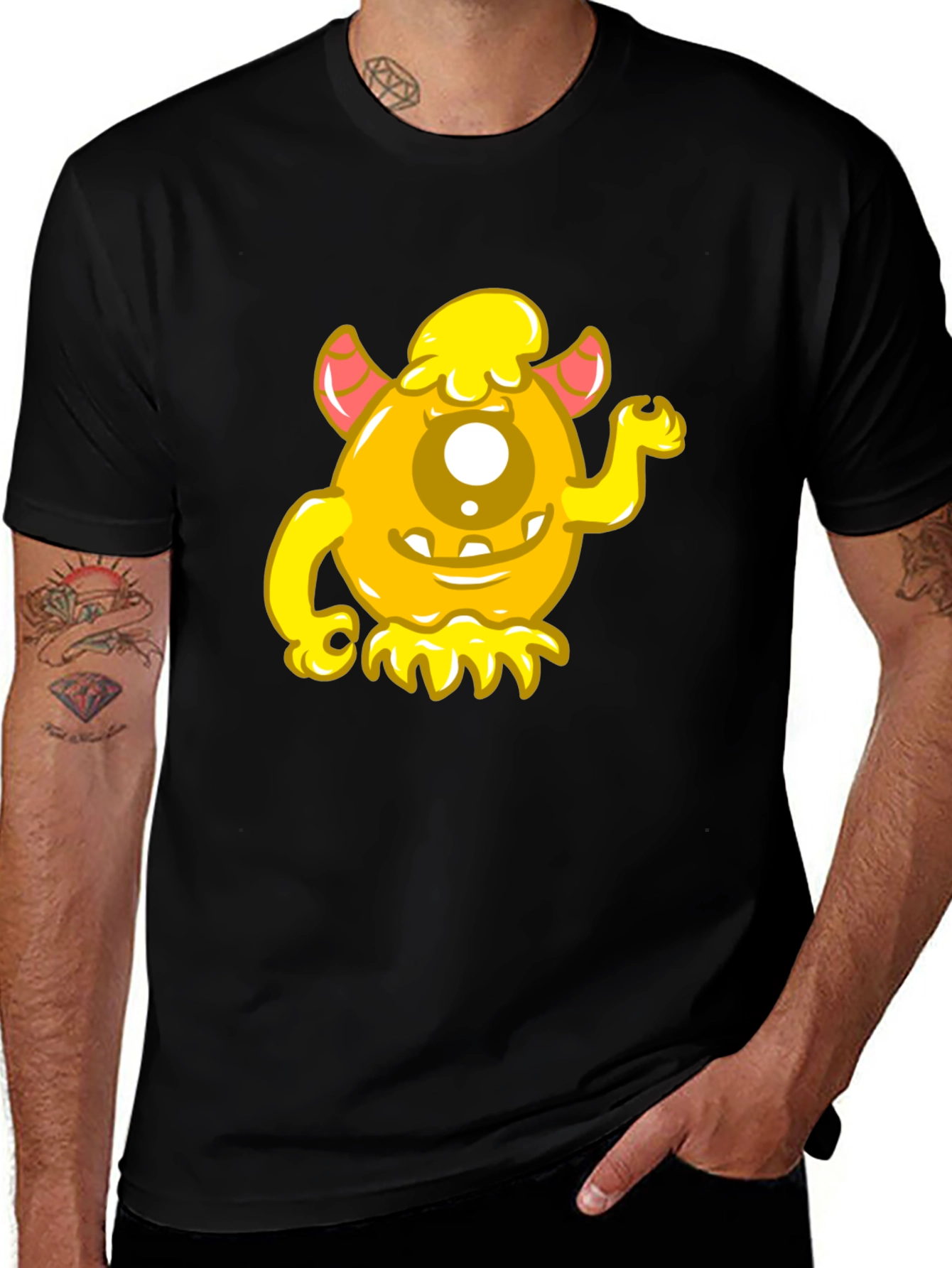 Variant 9 of Funny Yellow Monster Graphic Tee - Black Cotton Shirt