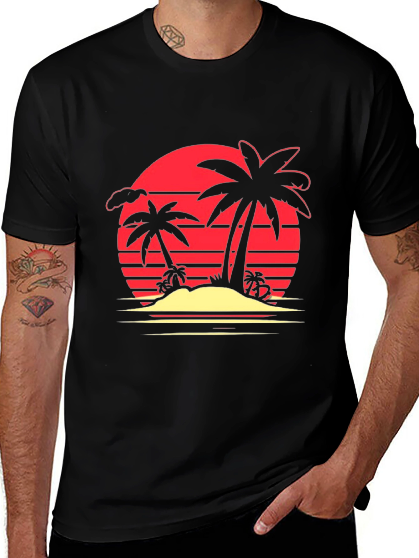 Variant 16 of Retro Sunset Palm Tree Graphic Tee - Black
