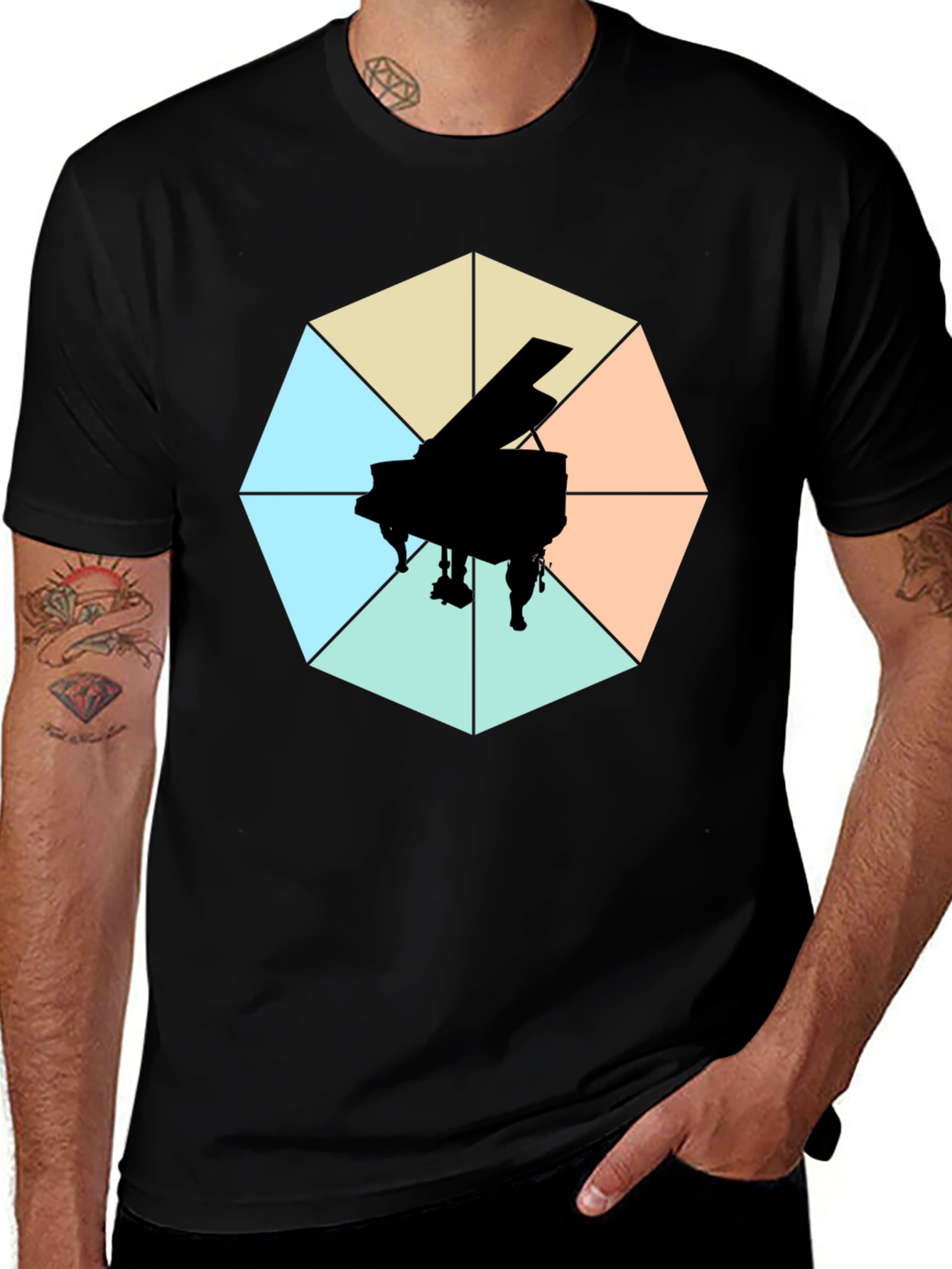 Geometric Piano Graphic Tee - Modern Musical Style