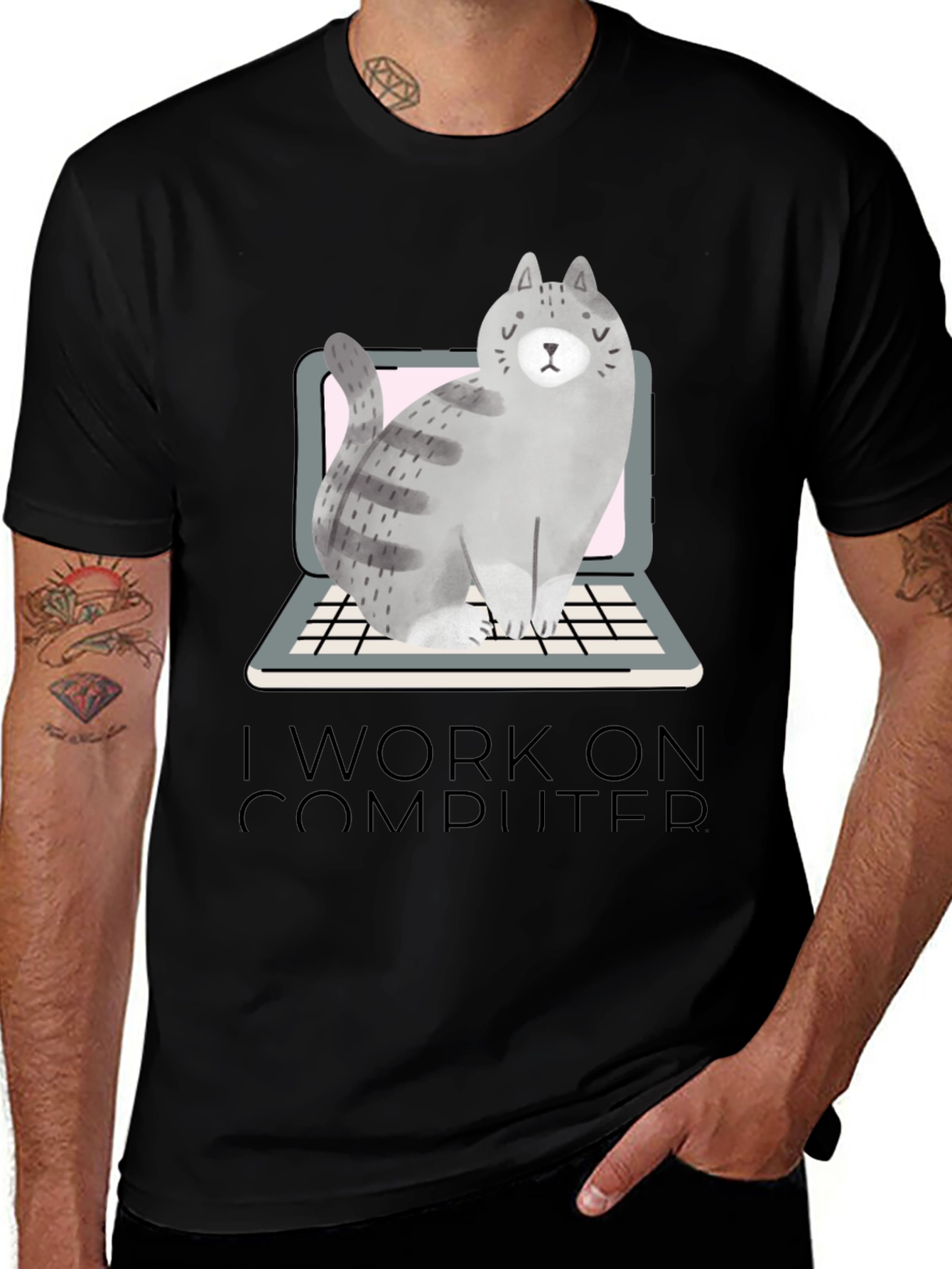 Variant 18 of Cat on Laptop T-Shirt - I Work on Computer Tee