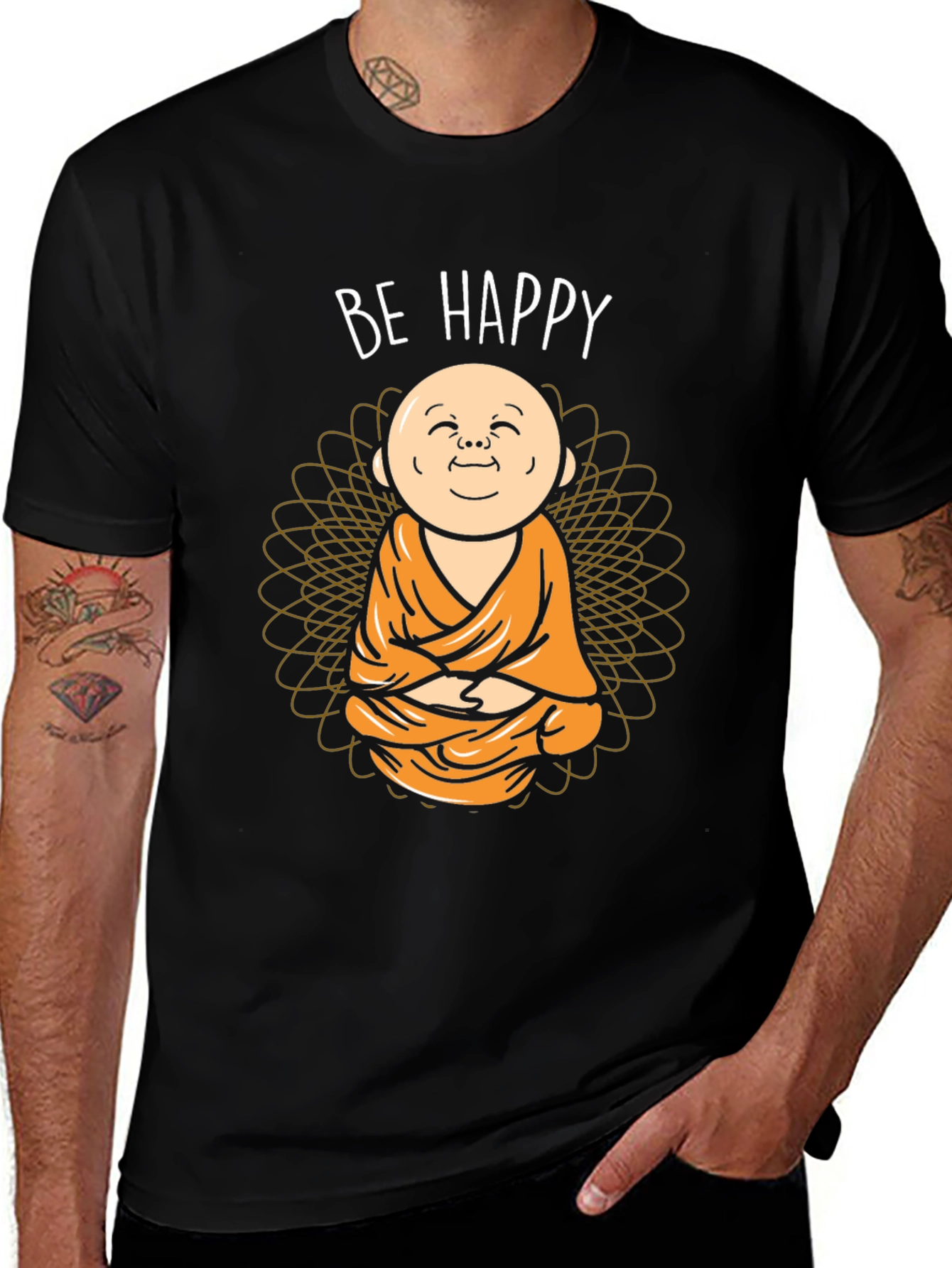 Be Happy Buddha Graphic Tee - Zen Style Men's Black T-Shirt