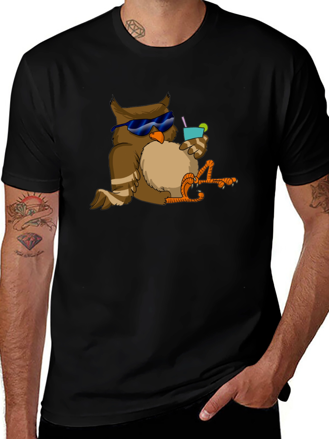 Variant 29 of Cool Owl T-Shirt: Relaxing with a Drink