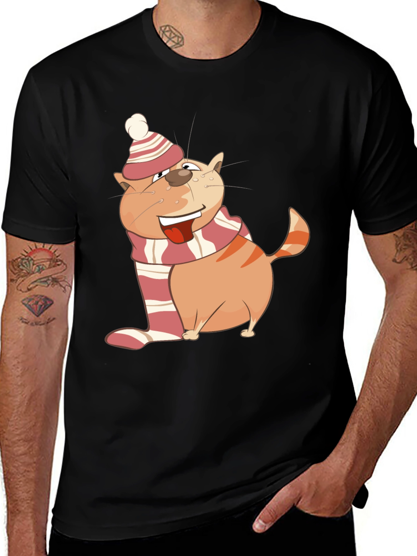 Variant 5 of Cartoon Cat Winter Hat & Scarf Black T-Shirt
