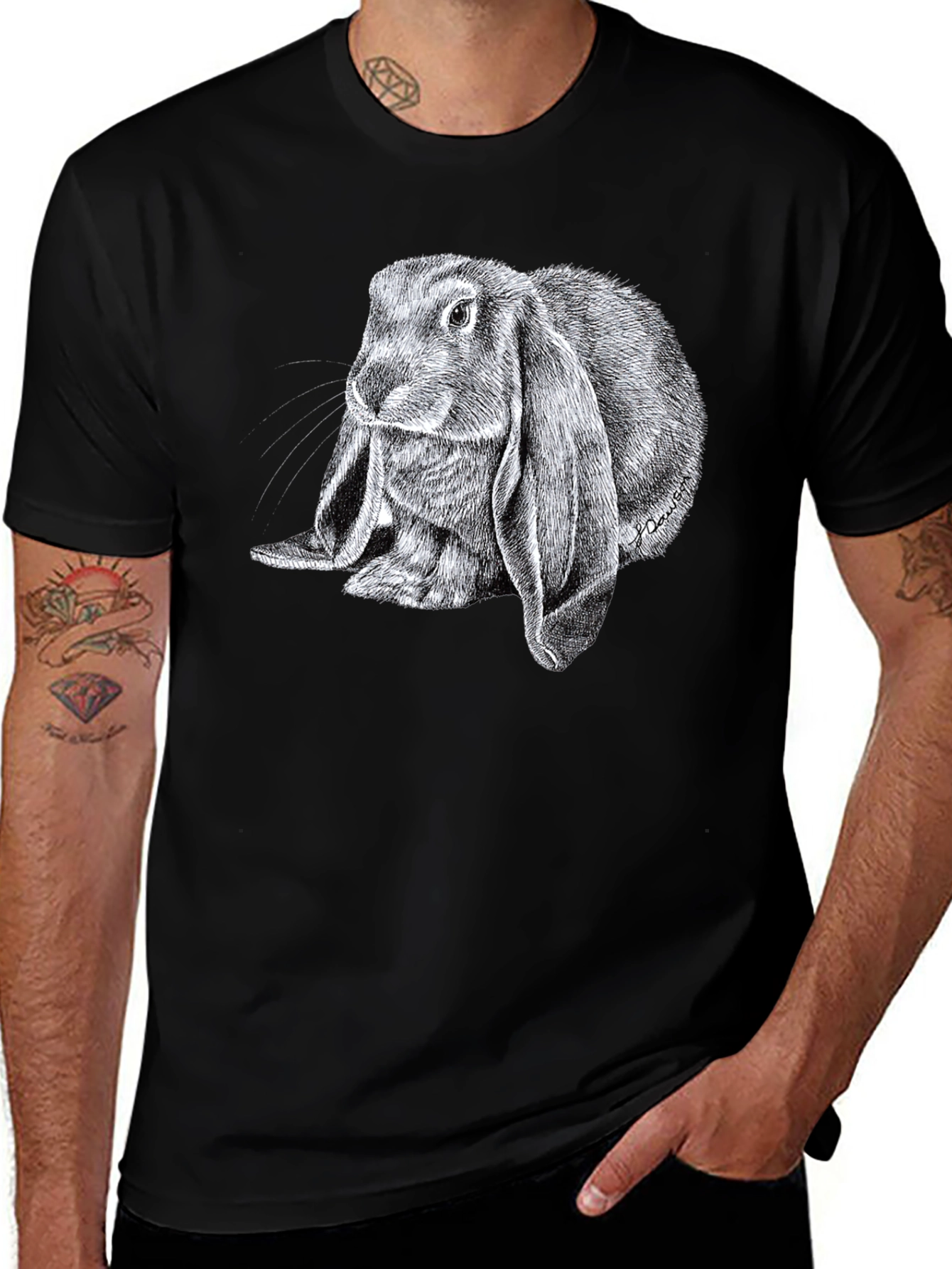 Variant 14 of Cute Lop Rabbit Graphic Tee - Black Cotton T-Shirt