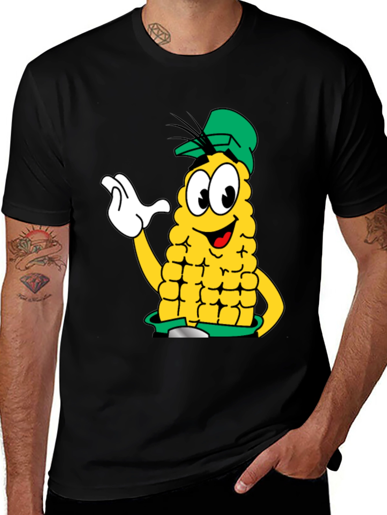 Variant 5 of Cartoon Corn Character Black T-Shirt