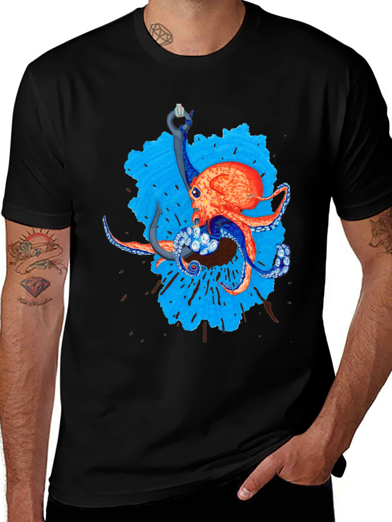 Variant 20 of Octopus Hook Graphic Tee - Black Cotton Casual Wear