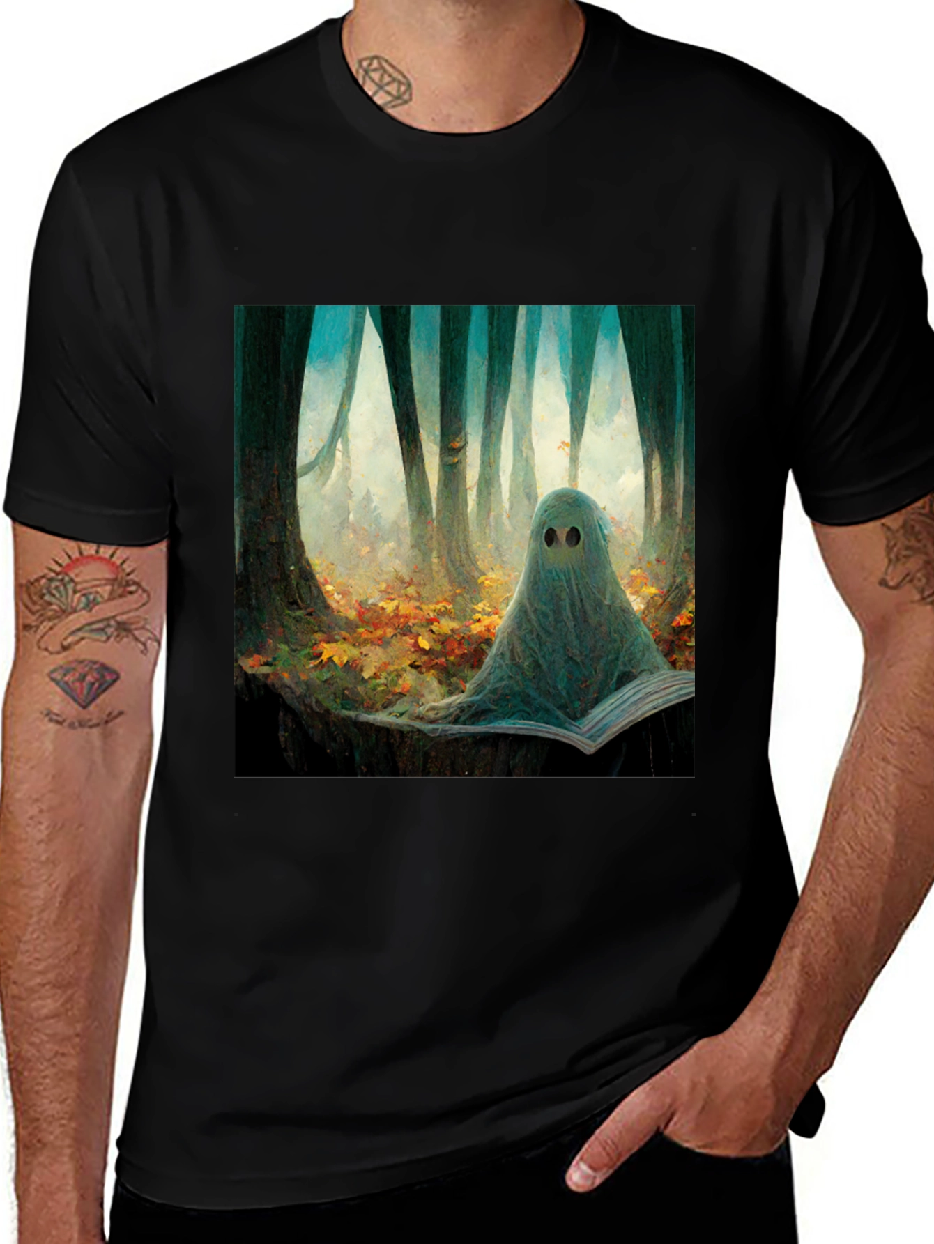 Variant 9 of Ghostly Reader Tee - Forest Literary Style