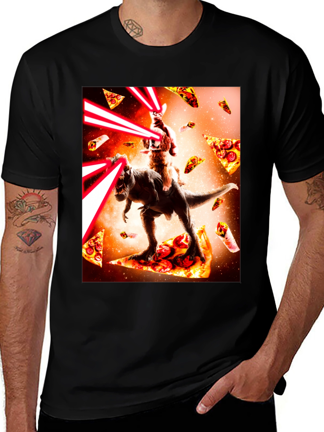 Variant 16 of Cat Riding Dinosaur Pizza Laser Beam T-Shirt
