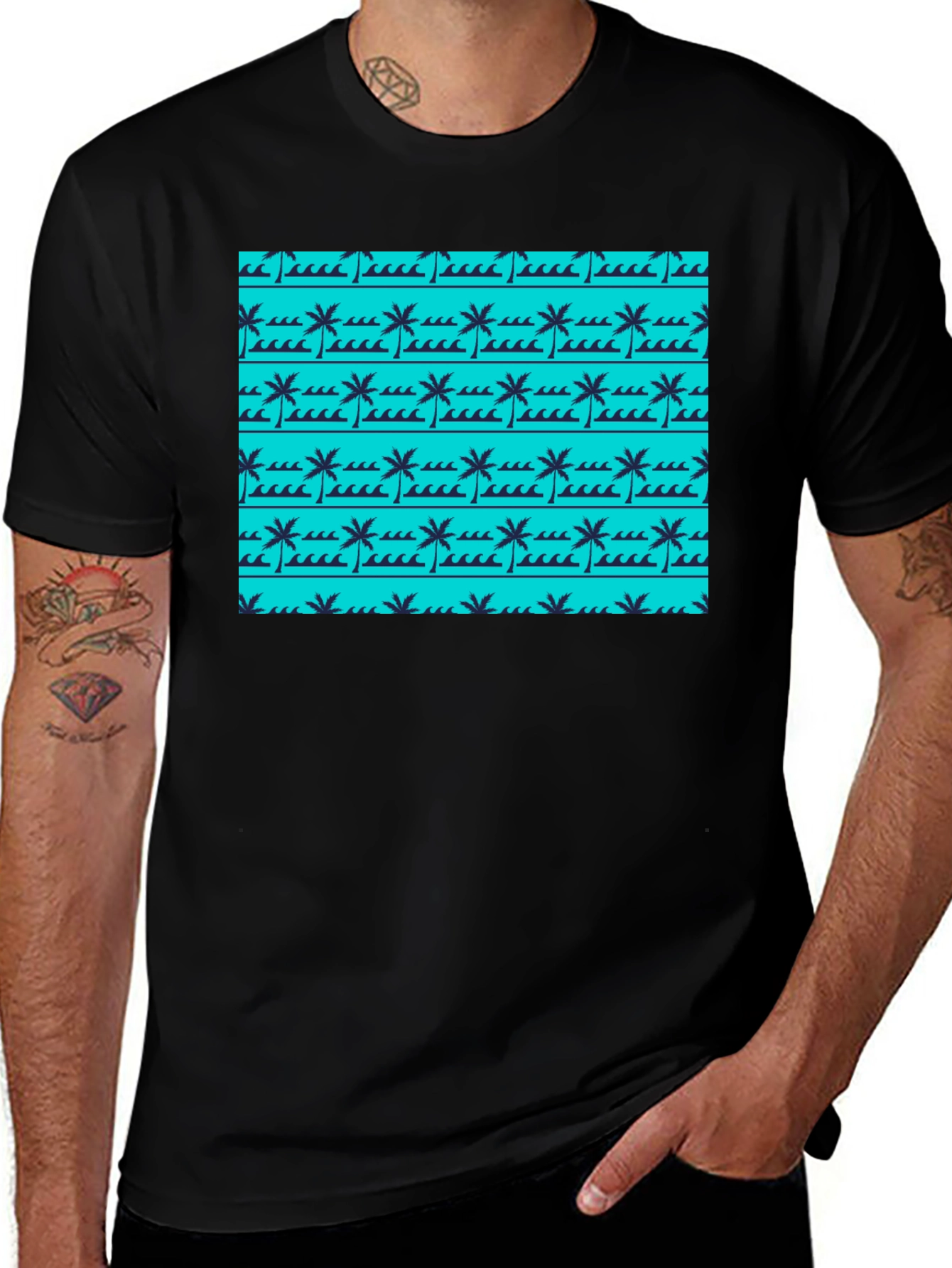 Tropical Palm Wave Pattern Black Tee