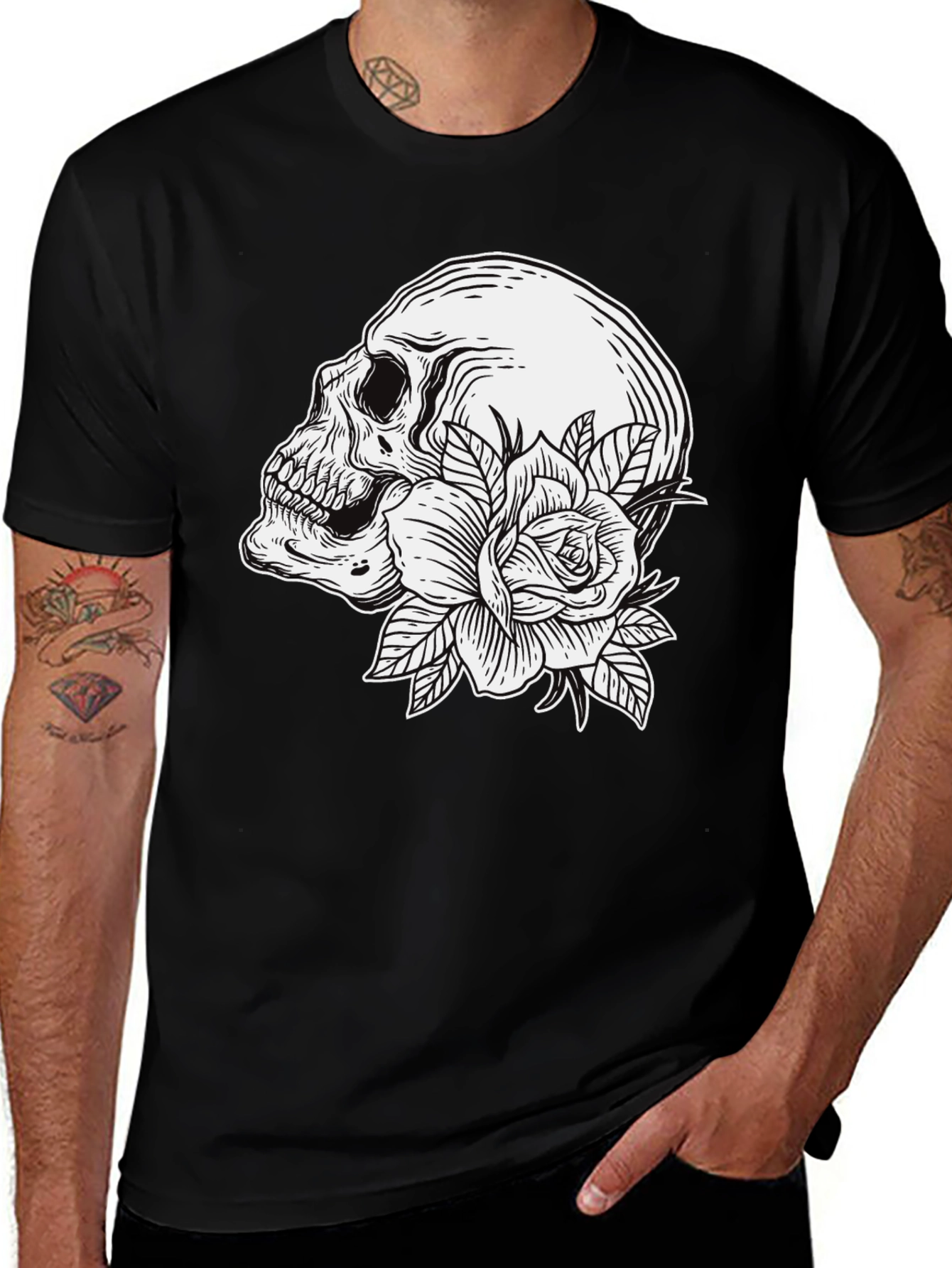Skull and Rose Graphic T-Shirt - Men's Black Tee