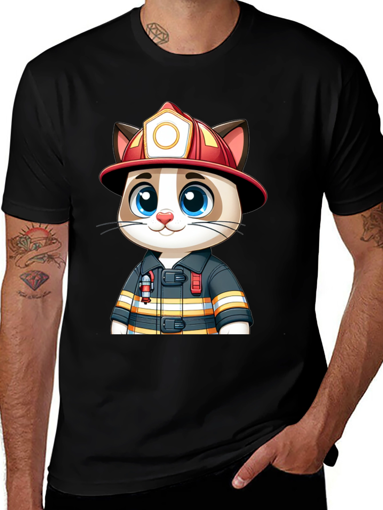 Fire Cat T-Shirt - Cute Firefighter Cartoon Tee