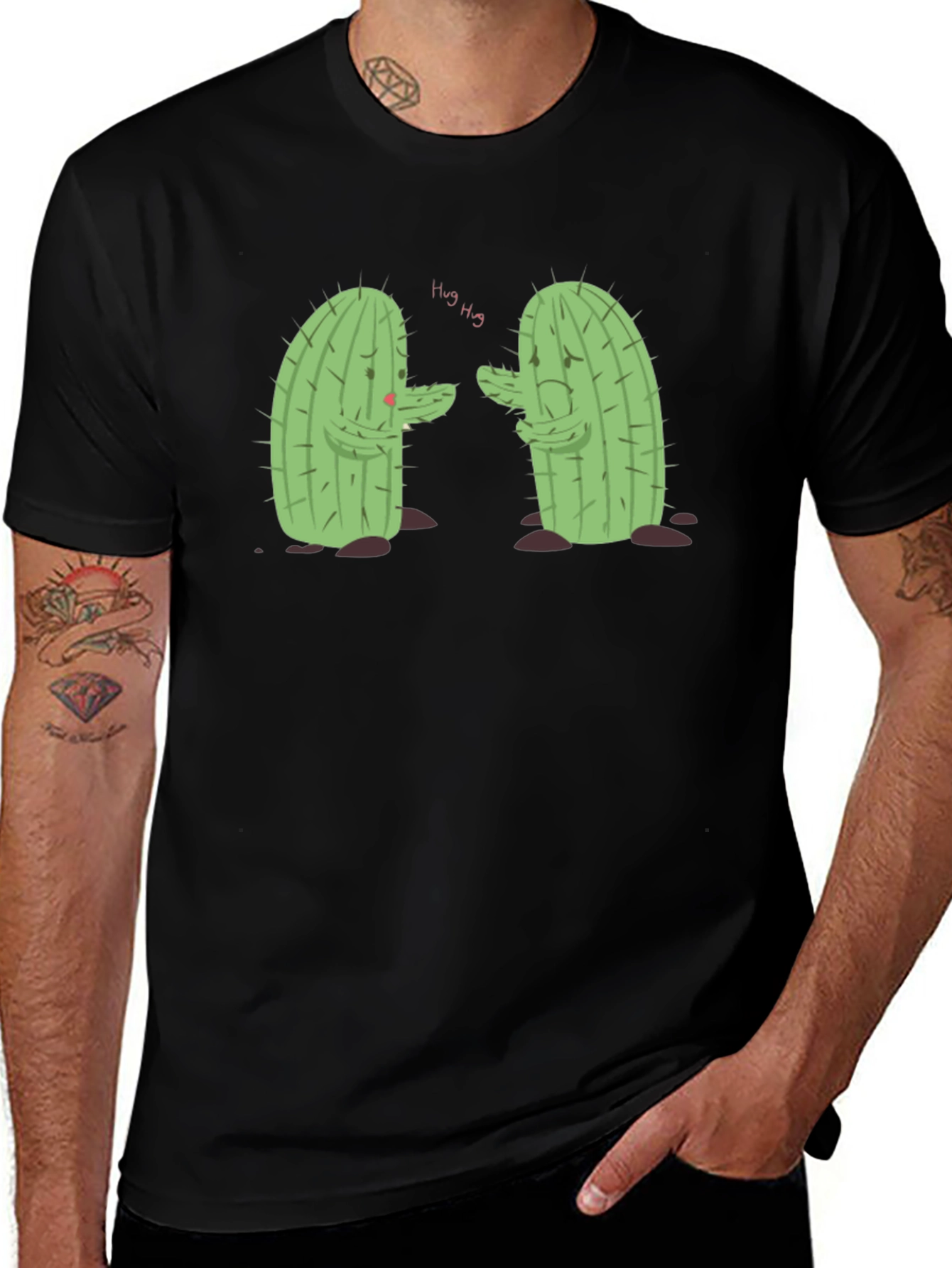 Variant 15 of Sad Cacti Hug Graphic Tee - Black T-Shirt