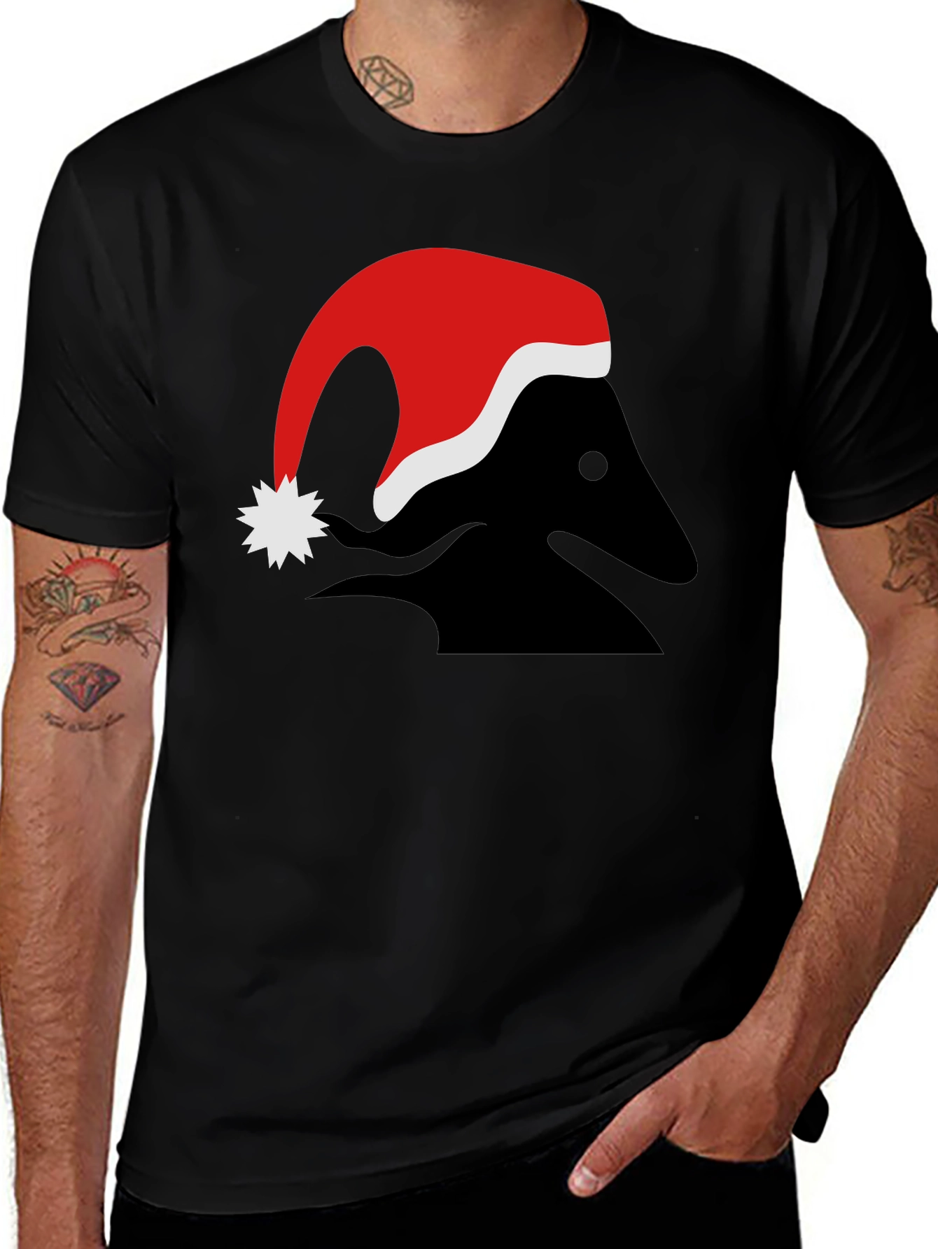 Festive Black T-Shirt with Santa Hat Design