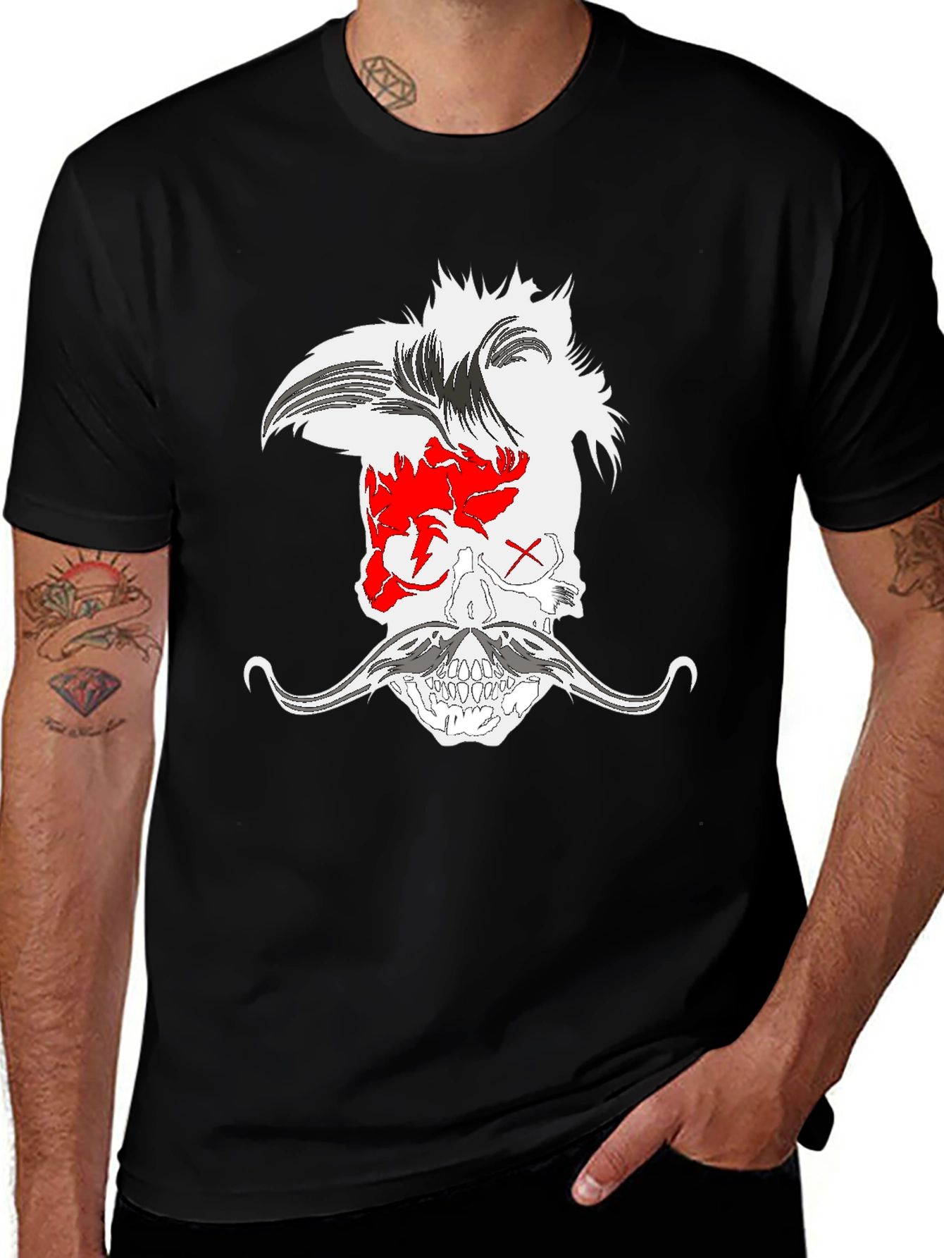 Variant 15 of Skull with Mohawk and Moustache Graphic Tee - Black