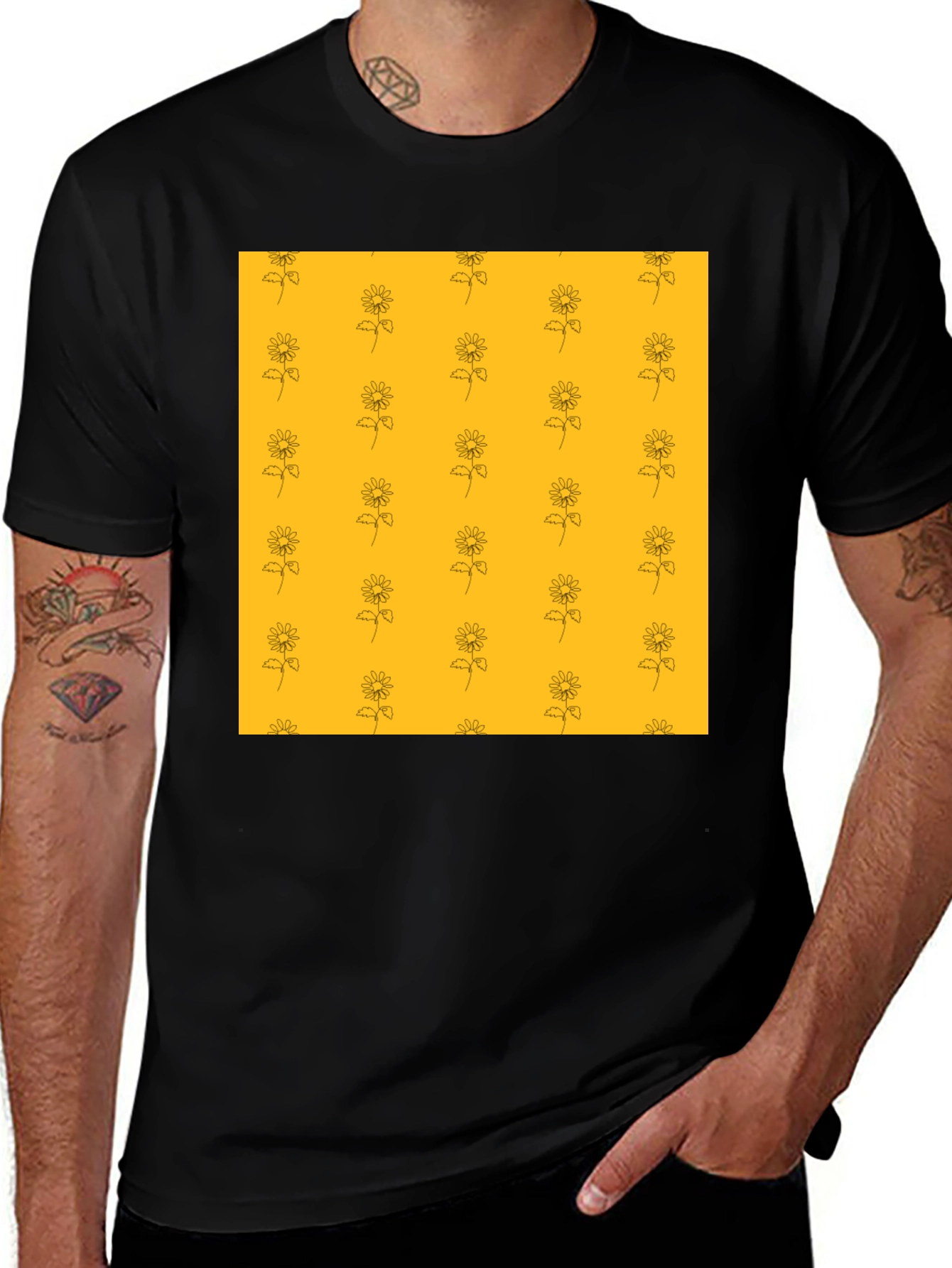 Sunflower Pattern Black T-Shirt
