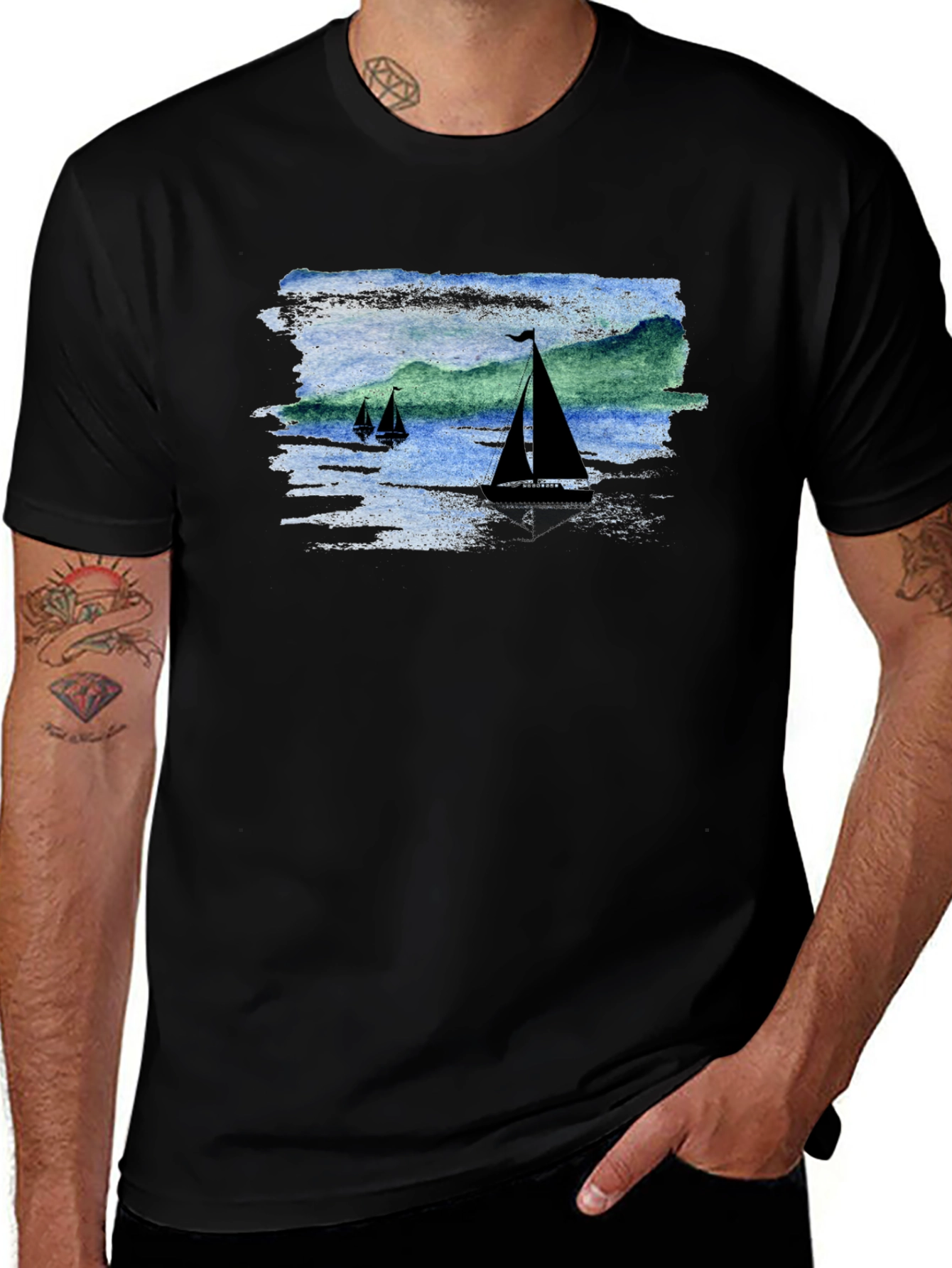 Variant 9 of Sailboat Scene Graphic Black T-Shirt
