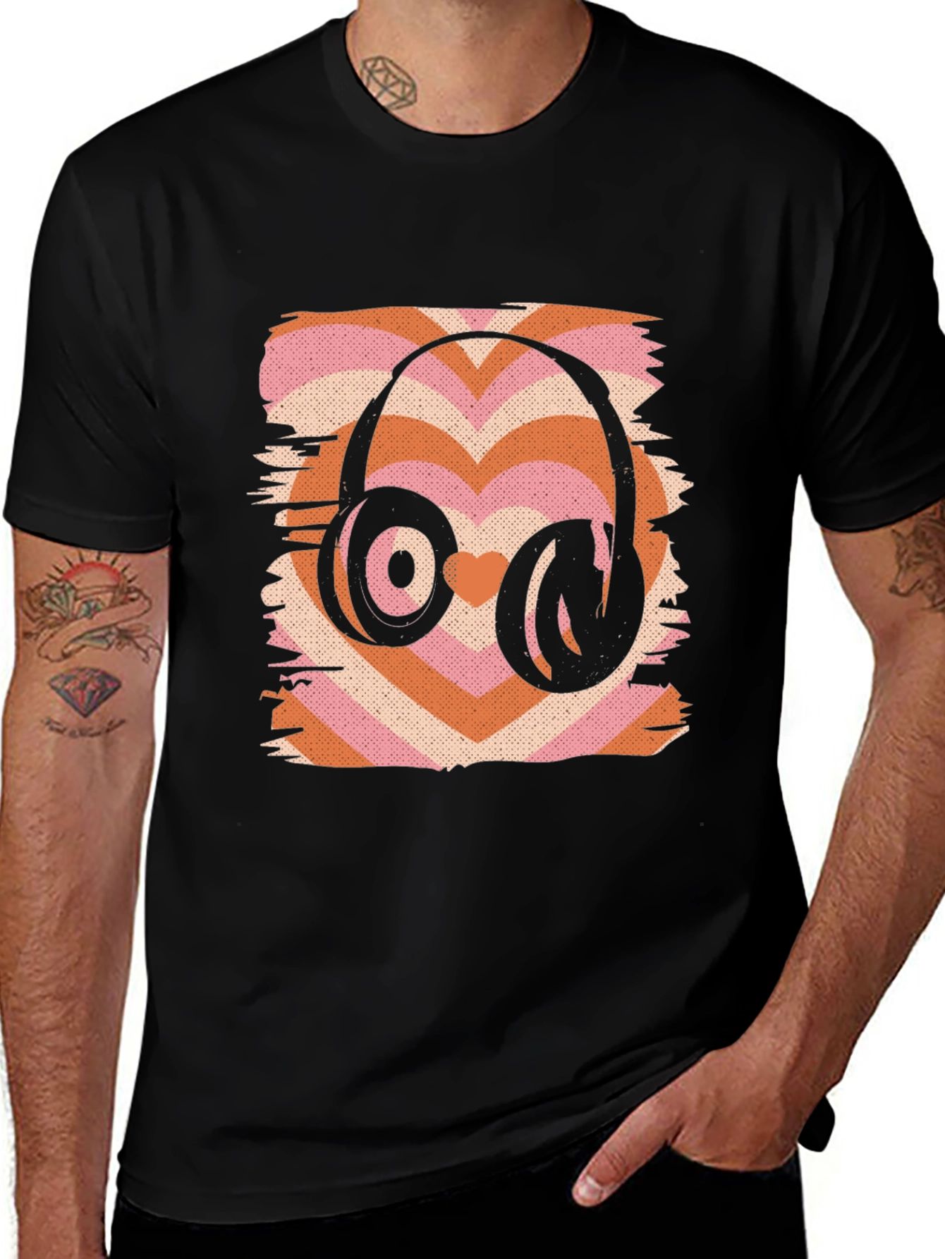Variant 25 of Retro Heart Headphones Black T-Shirt