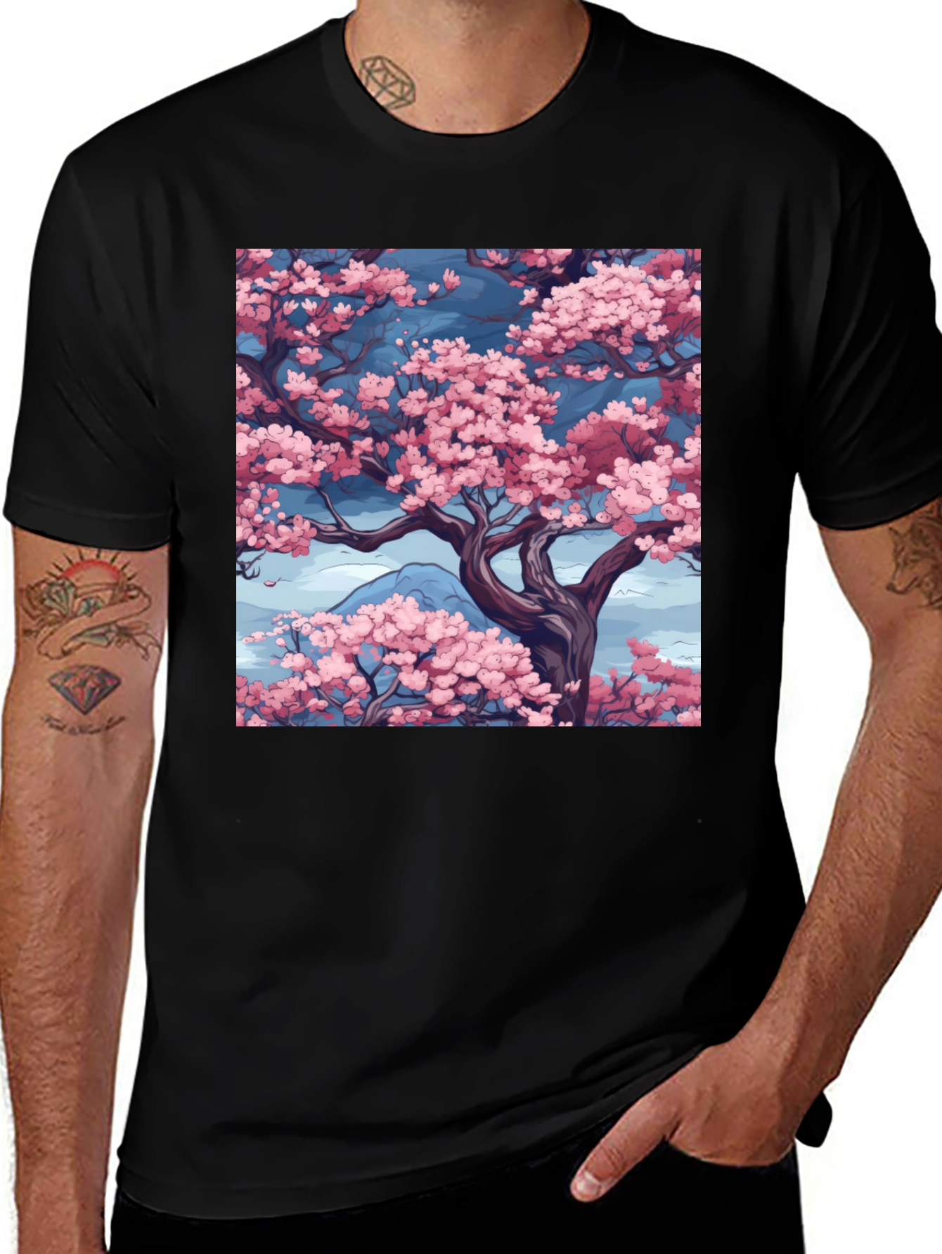 Sakura Tree Graphic Print Black T-Shirt
