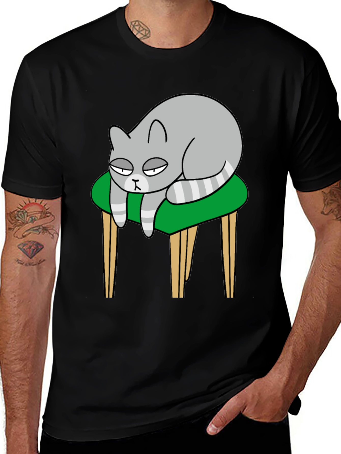 Variant 21 of Lazy Cat on Stool T-Shirt - Black Cotton Tee