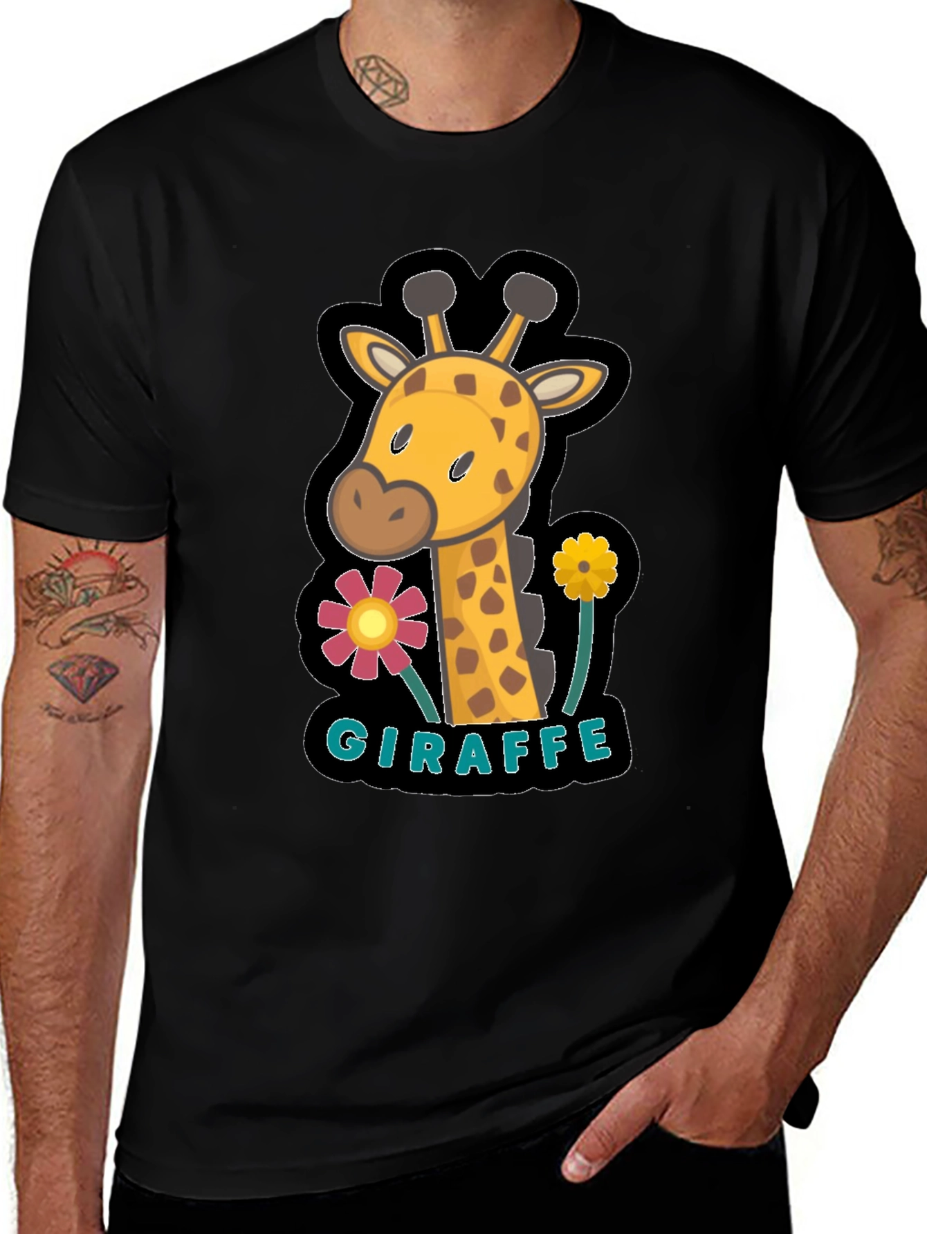 Variant 9 of Cute Giraffe Flower Graphic Black T-Shirt