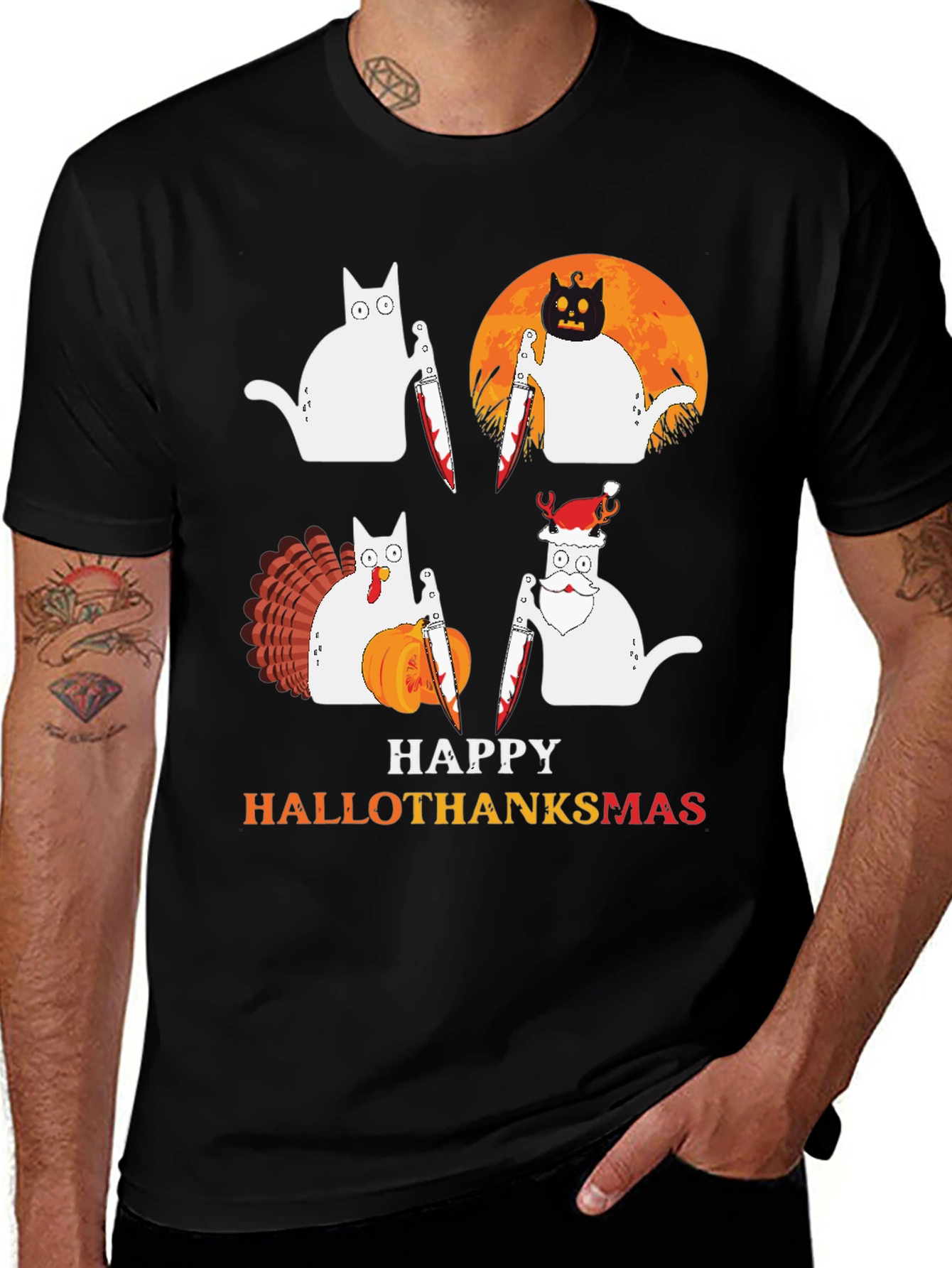 Hallothanksmas T-Shirt - Holiday Cat Knife