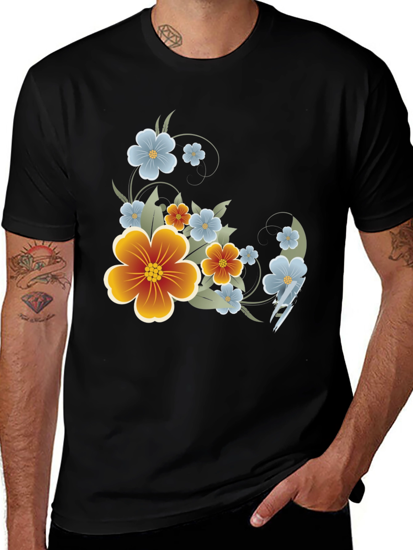 Variant 10 of Floral Print Black T-Shirt - Stylish Casual Wear