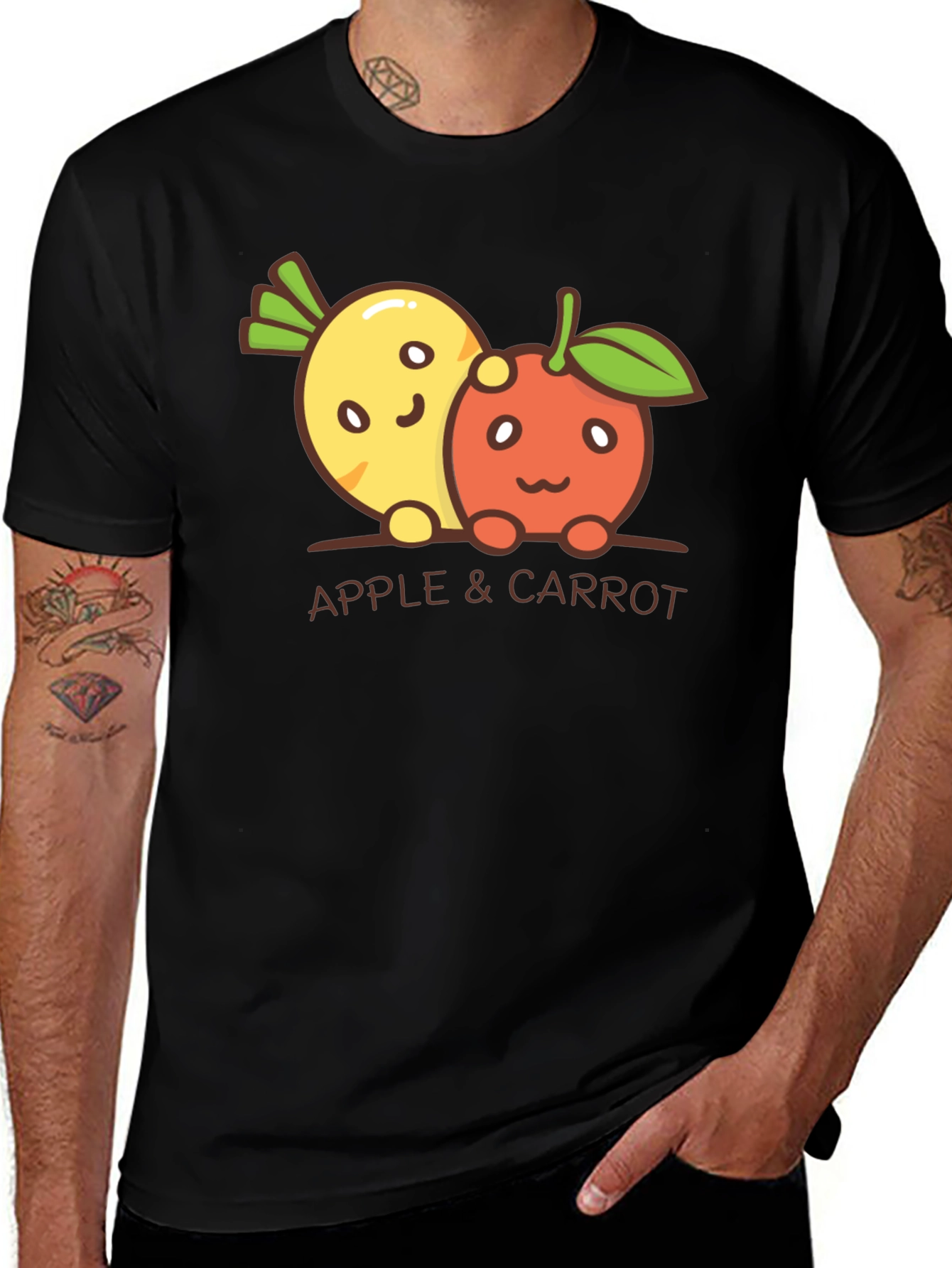 Variant 27 of Cute Apple & Carrot Cartoon Graphic Black T-Shirt