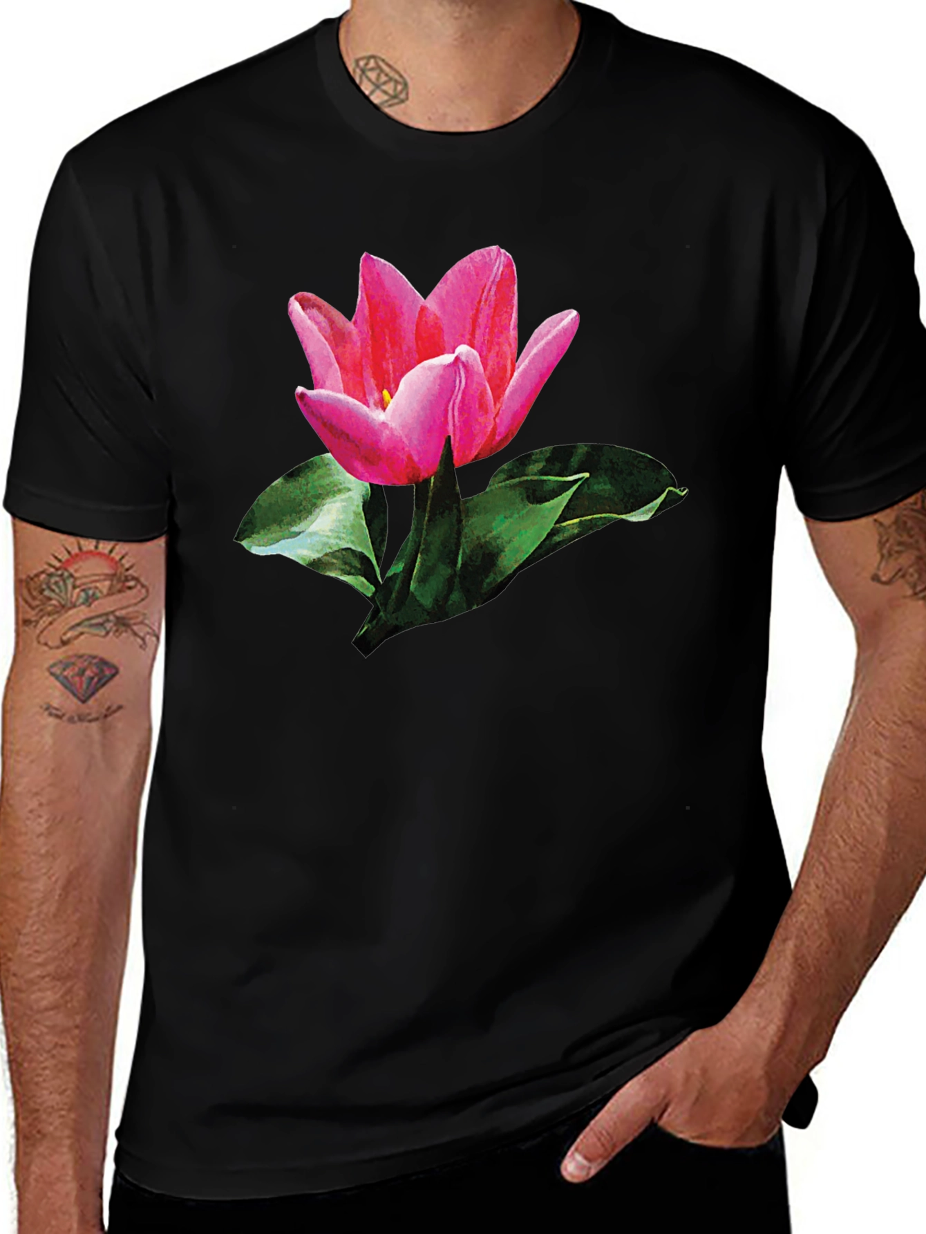 Variant 23 of Pink Tulip Graphic Print Black T-Shirt