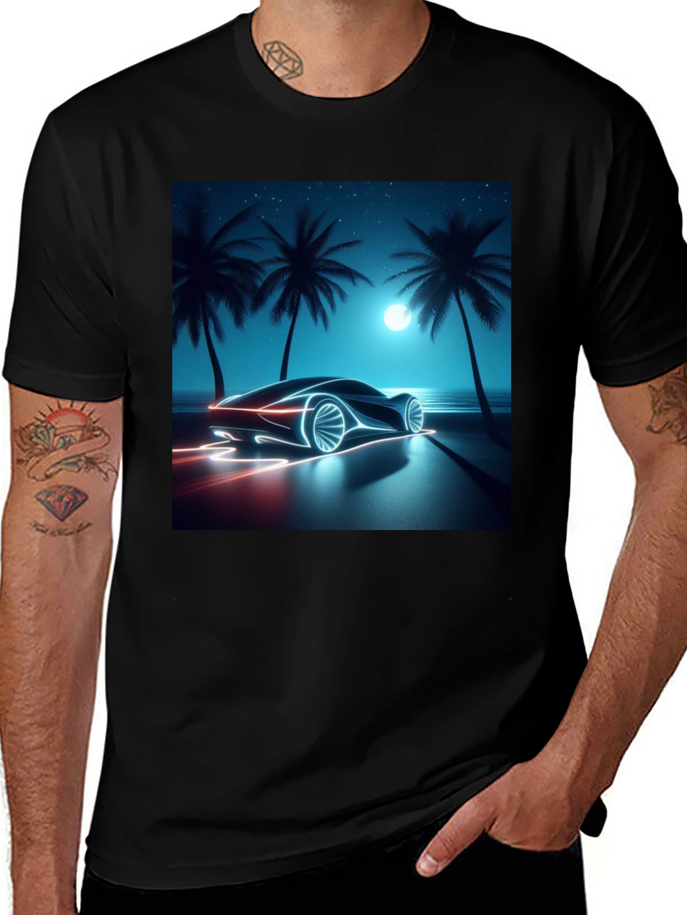Neon Car Graphic Tee - Black Cotton T-Shirt