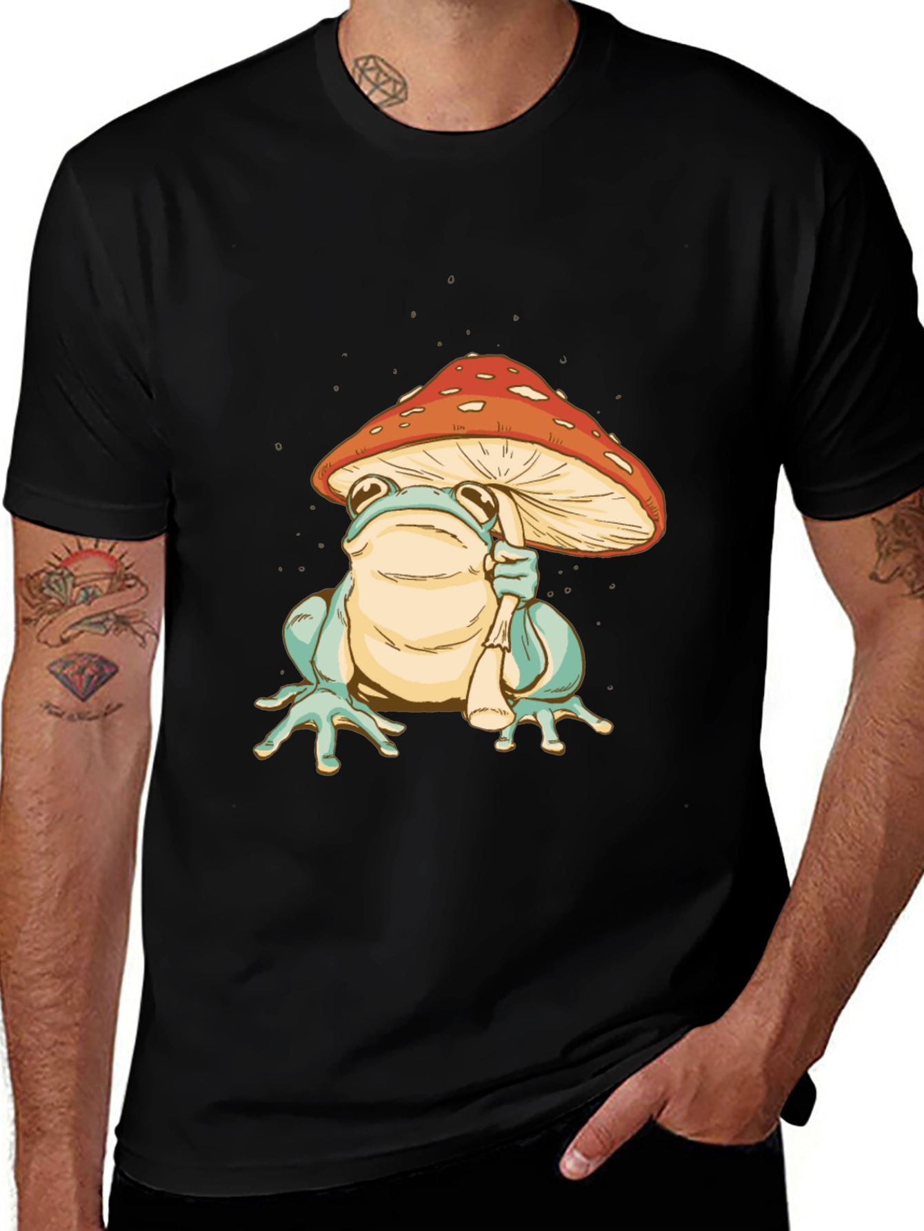 Variant 9 of Frog Under Mushroom Graphic Tee - Cool Black T-Shirt