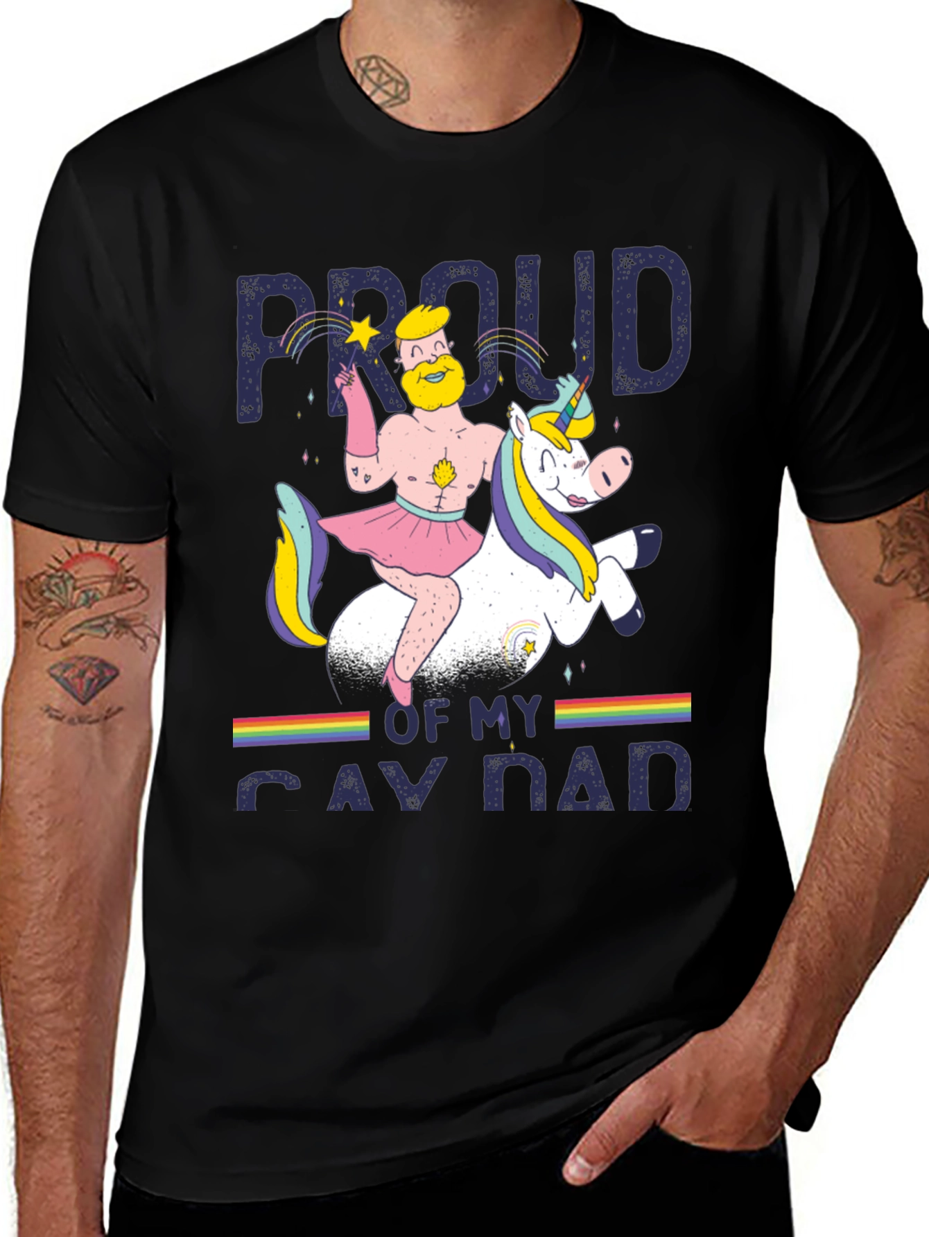 Black Proud Gay Dad T-Shirt - Rainbow Unicorn Dad Pride Tee main image