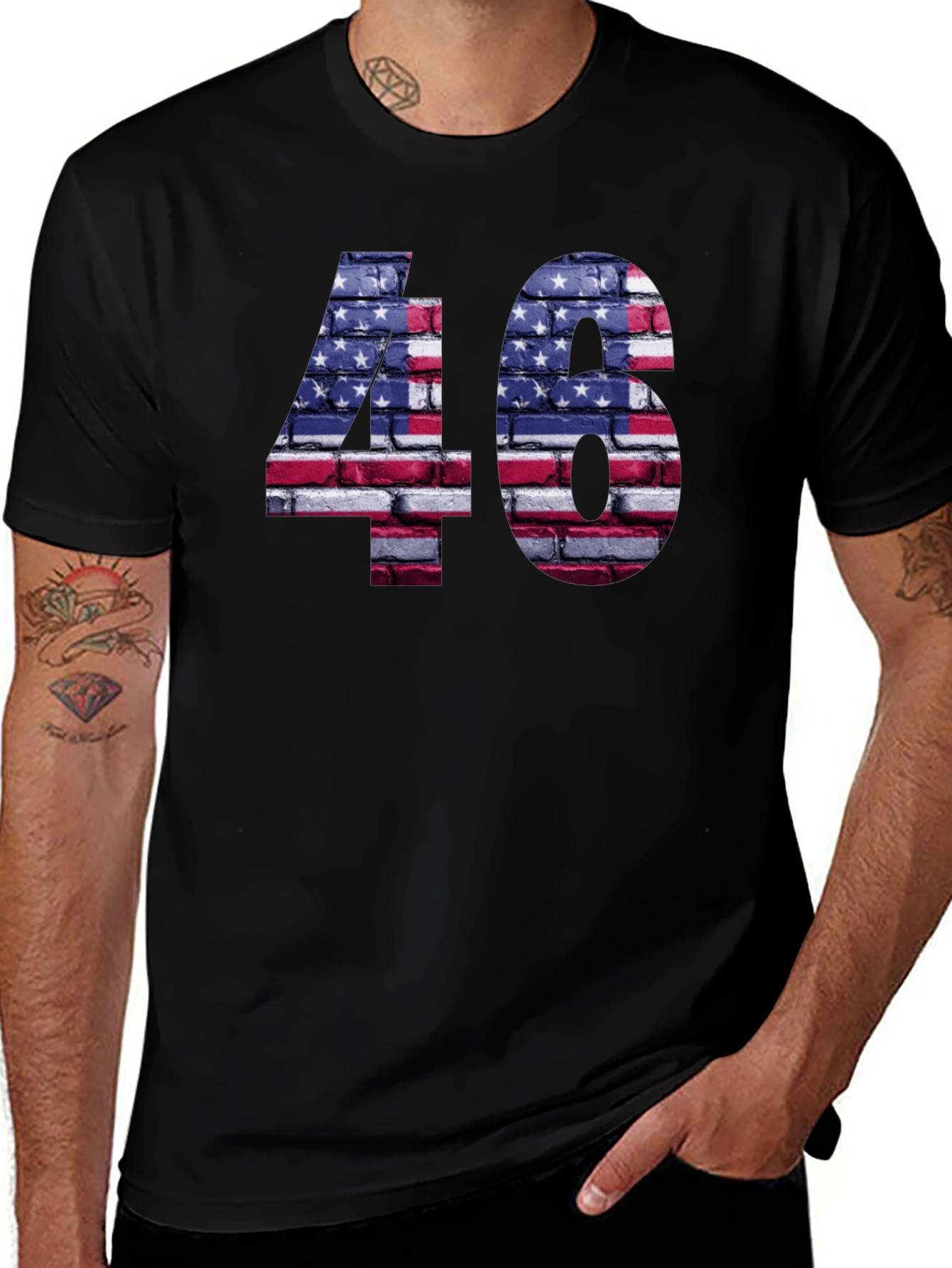 American Flag 46 Brick Wall Print Black T-Shirt
