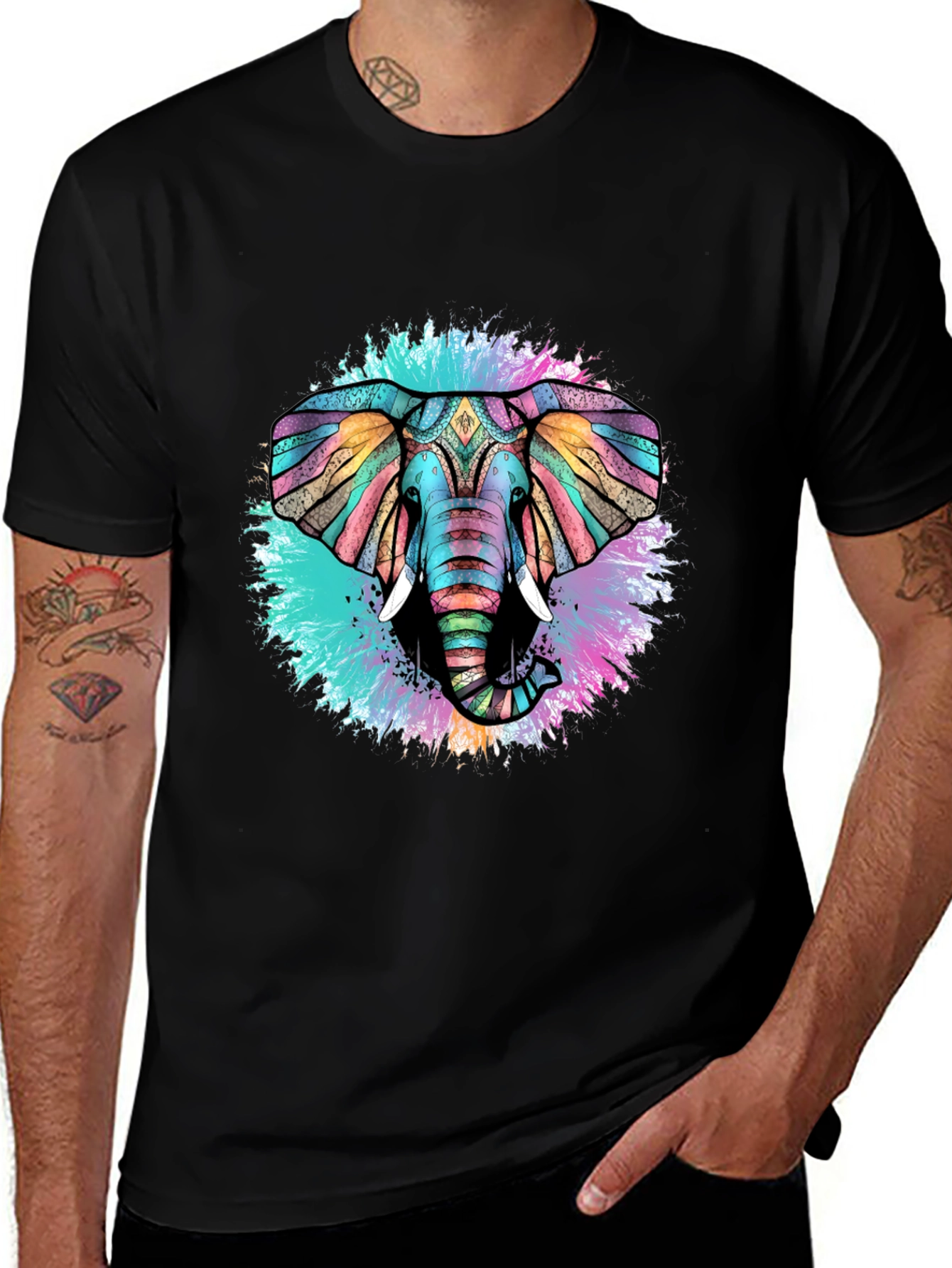 Variant 5 of Colorful Elephant Graphic Black T-Shirt